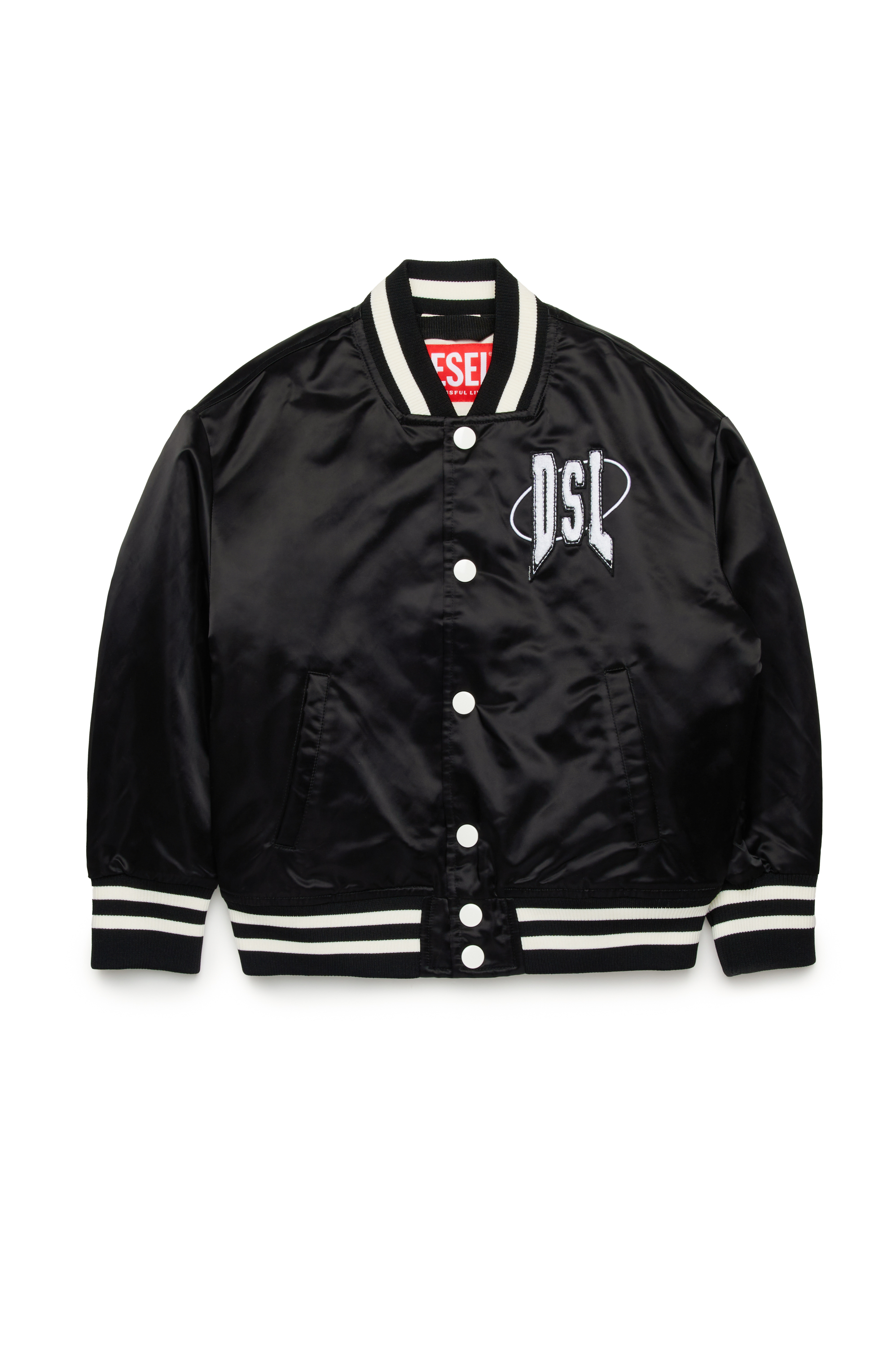 Diesel - JSTART, Giacca bomber varsity imbottita in raso Uomo in Nero - 1