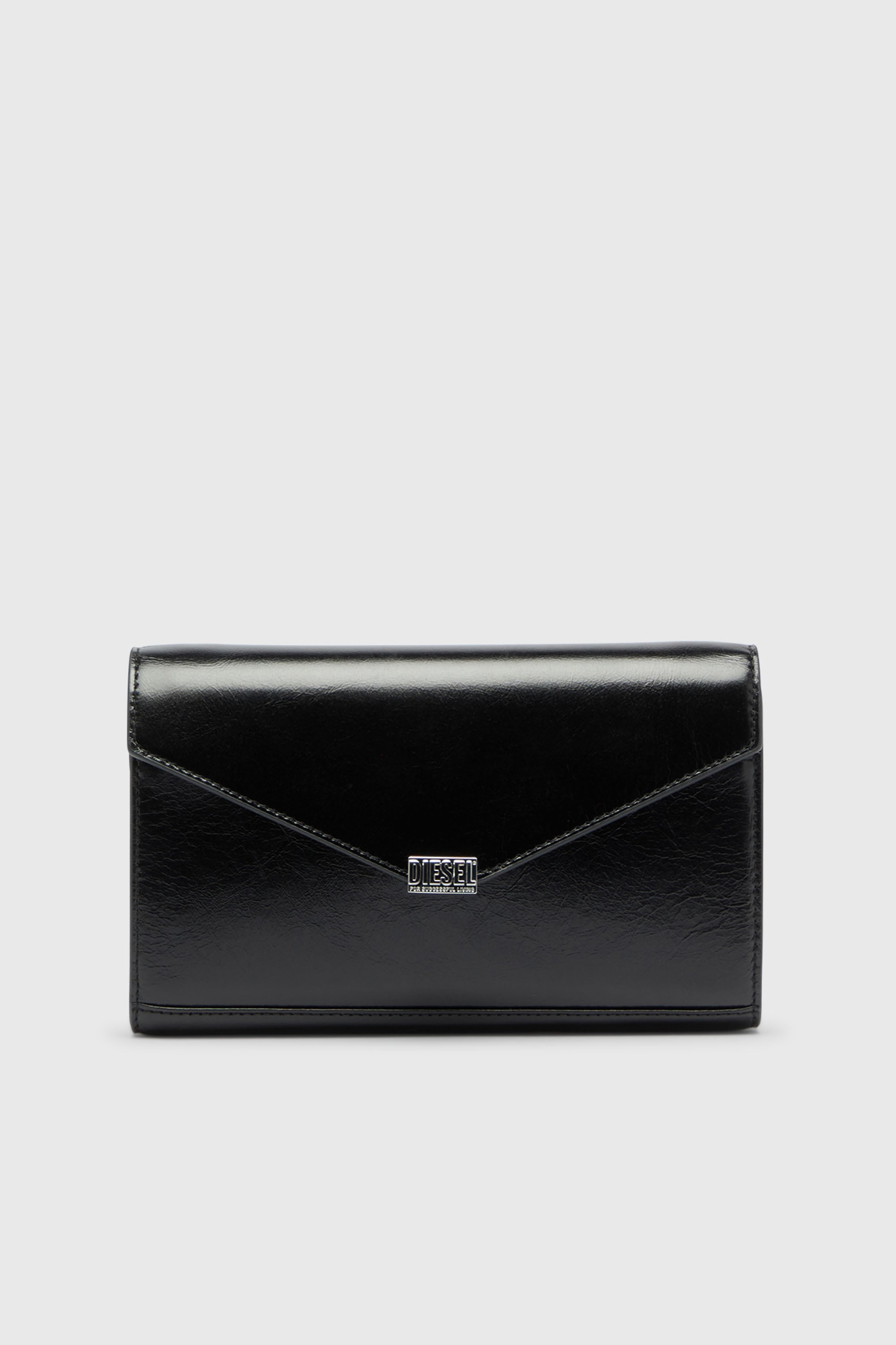 Diesel - D-ENVELOP WALLET ON CHAIN, Portafoglio in pelle lucida effetto stropicciato Donna in Nero - 1