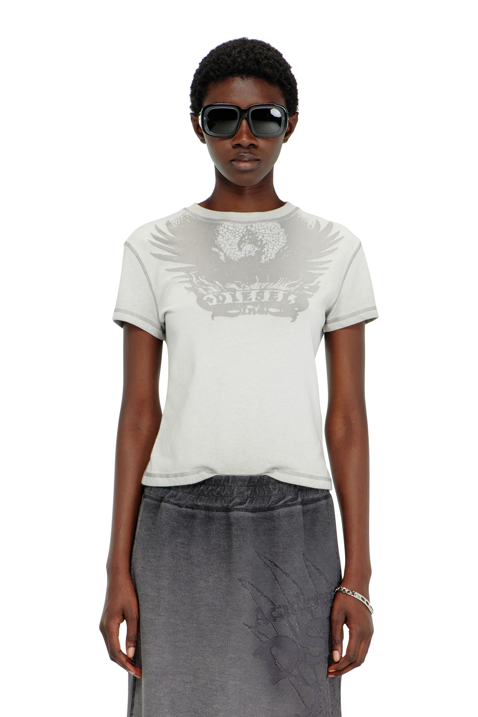 Diesel - O-BEAUTY, Gonna midi in felpa con stampa d&eacute;vor&eacute; Donna in Grigio - 3