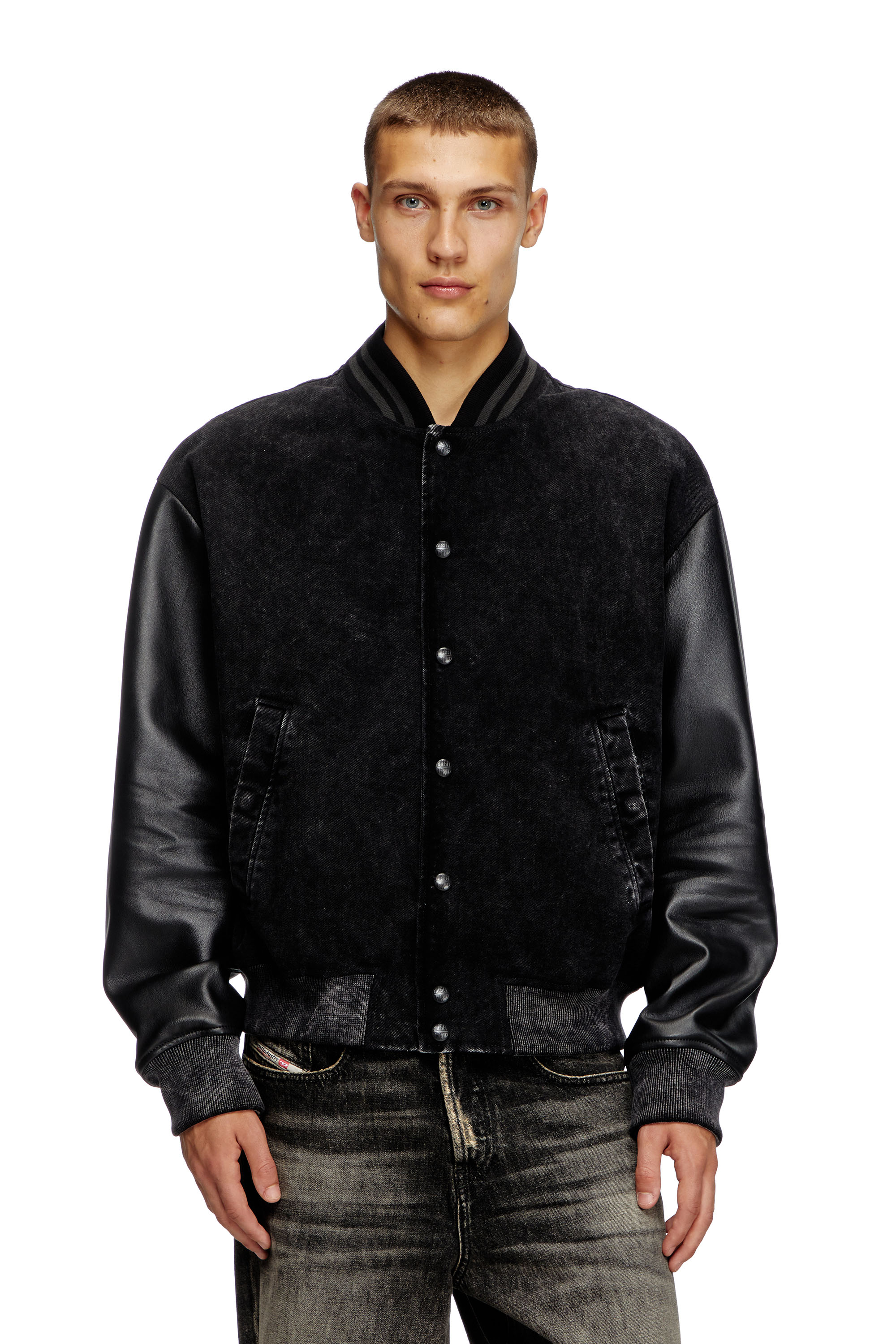 Diesel - L-NYN, Bomber in denim e pelle Uomo in Nero - 1