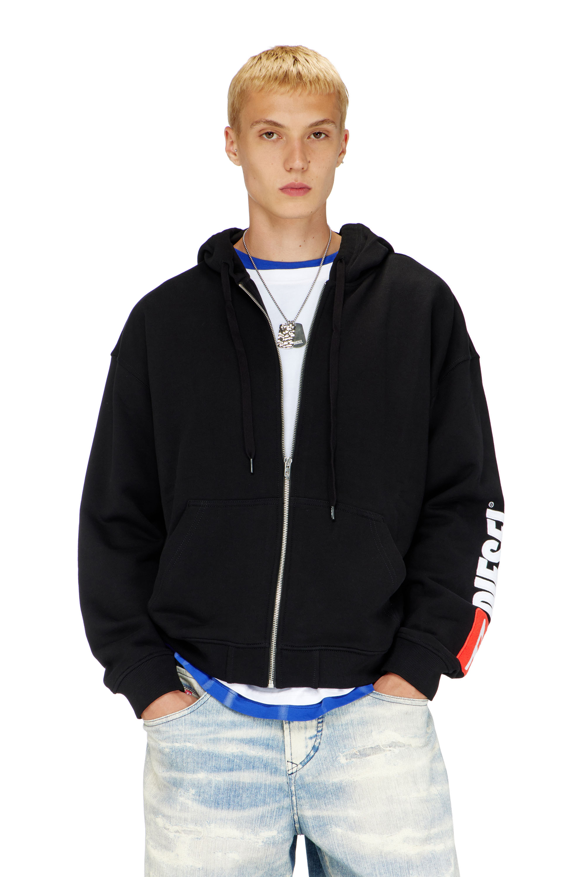Diesel - S-BOXT-ZIP-HOOD-DIV, Felpa con cappuccio con ricamo del logo Uomo in Nero - 1