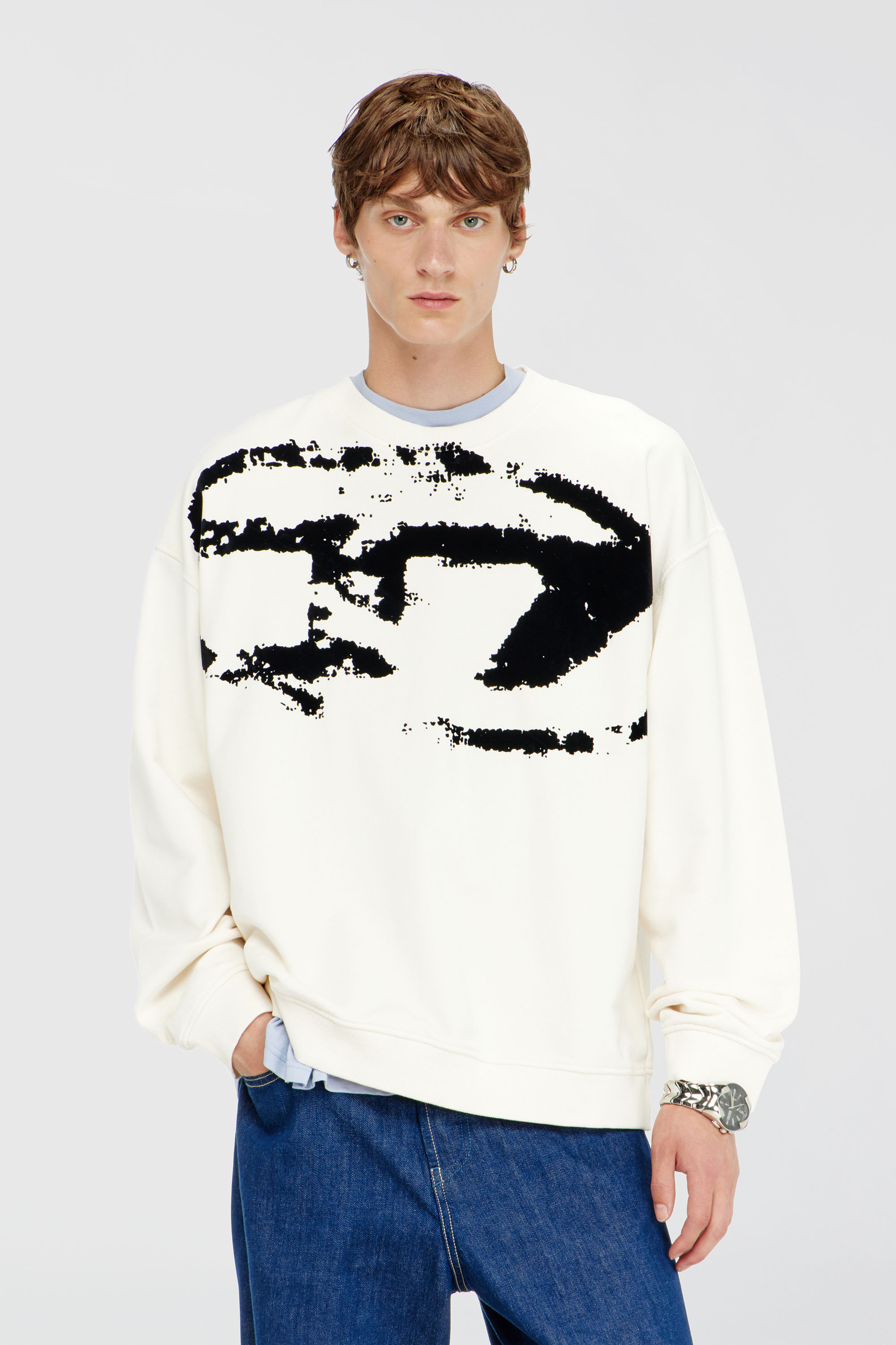 Diesel - S-BOXT-N5, Man's Cotton sweatshirt with flocked Oval D in Black/White - 3