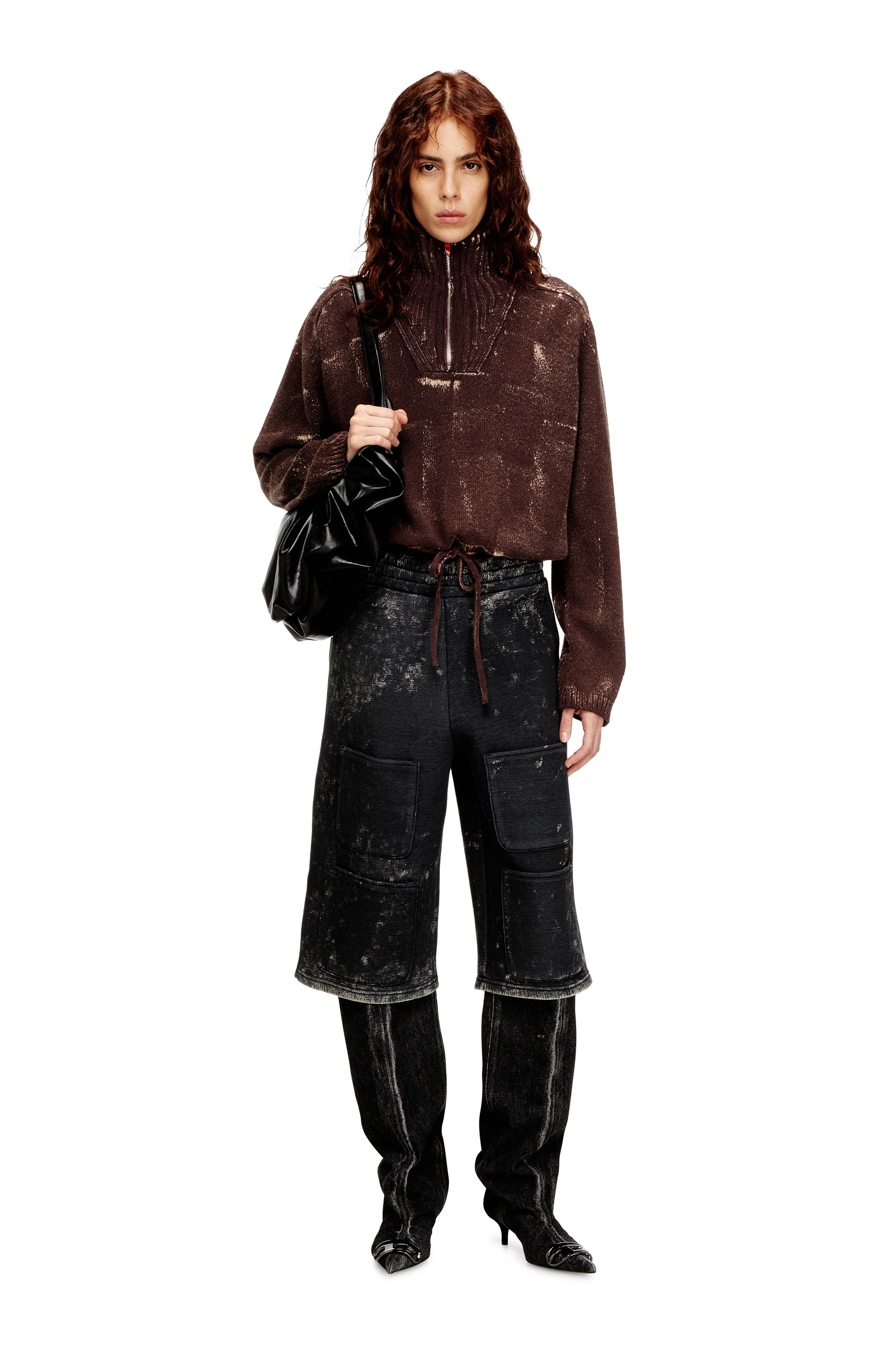 Diesel - S-TYP, Short a gamba ampia in scuba effetto marmorizzato Unisex in Nero - 2