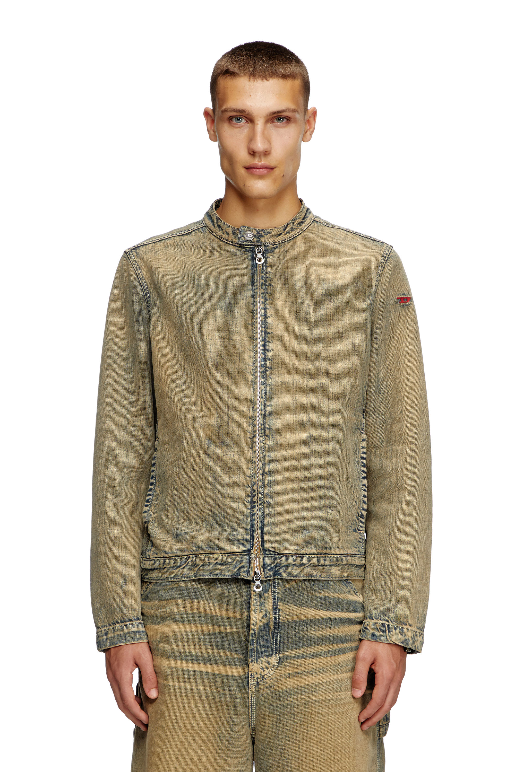 Diesel - D-GLORY, Man's Moto jacket in gold-brush denim in Medium blue - 1