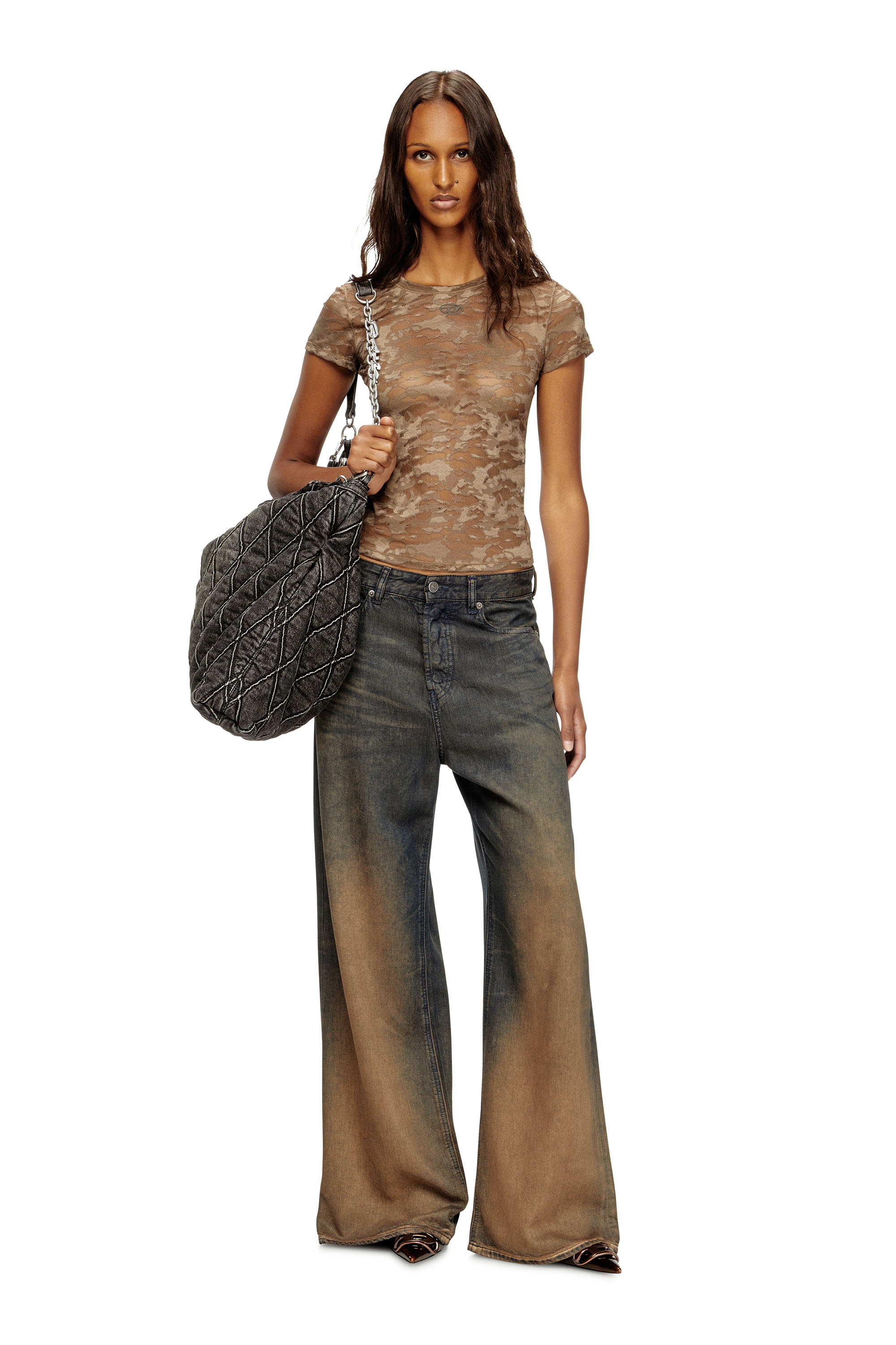 Diesel - KASIA-UTLT, T-shirt in pizzo camouflage Donna in Marrone - 4