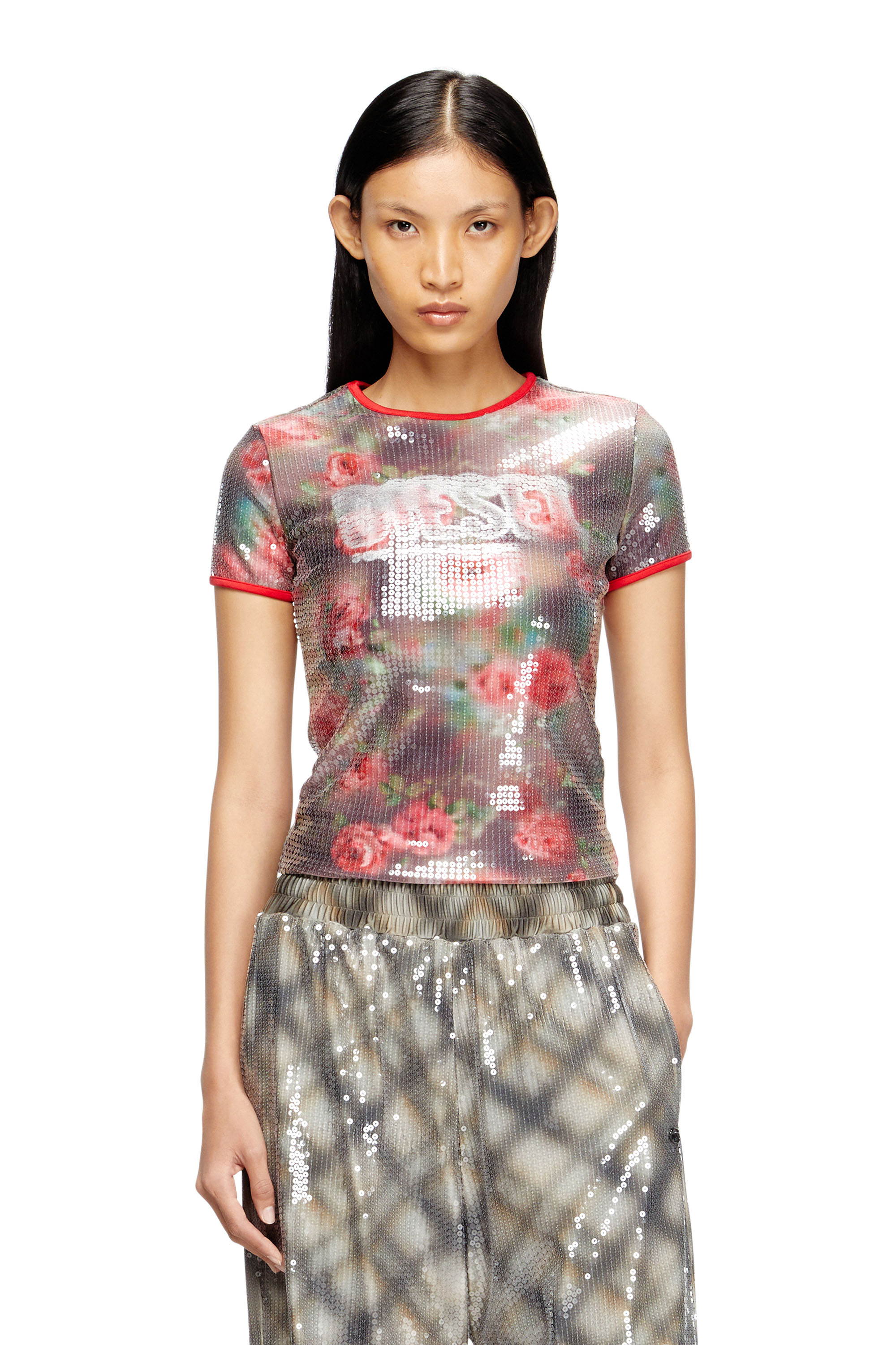 Diesel - T-UNKYEL, Top aderente in jersey a fiori con paillettes Donna in Multicolor - 3