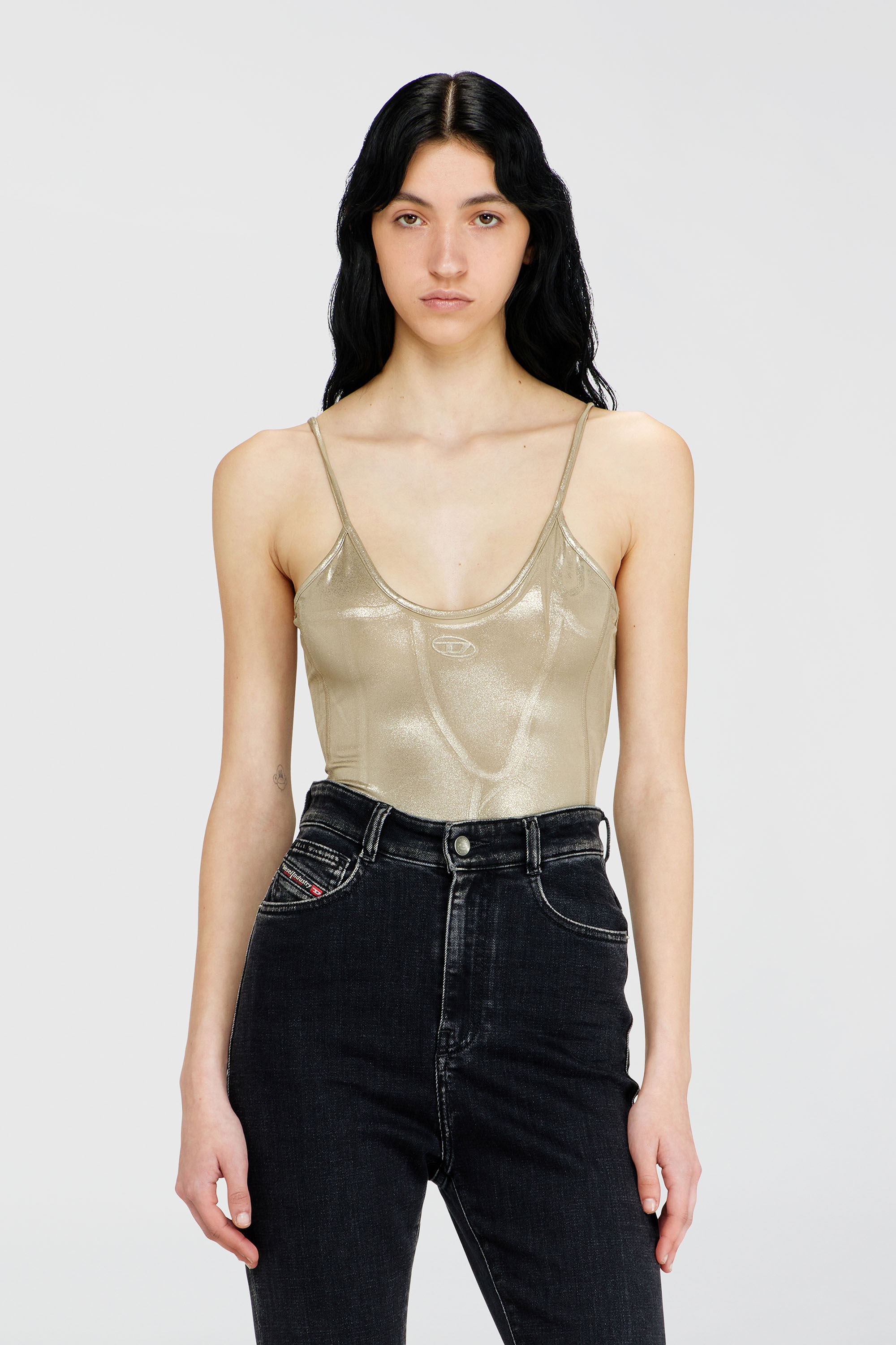 Diesel - T-IMYNY, Body in jersey lucido con girocollo Donna in Oro - 3