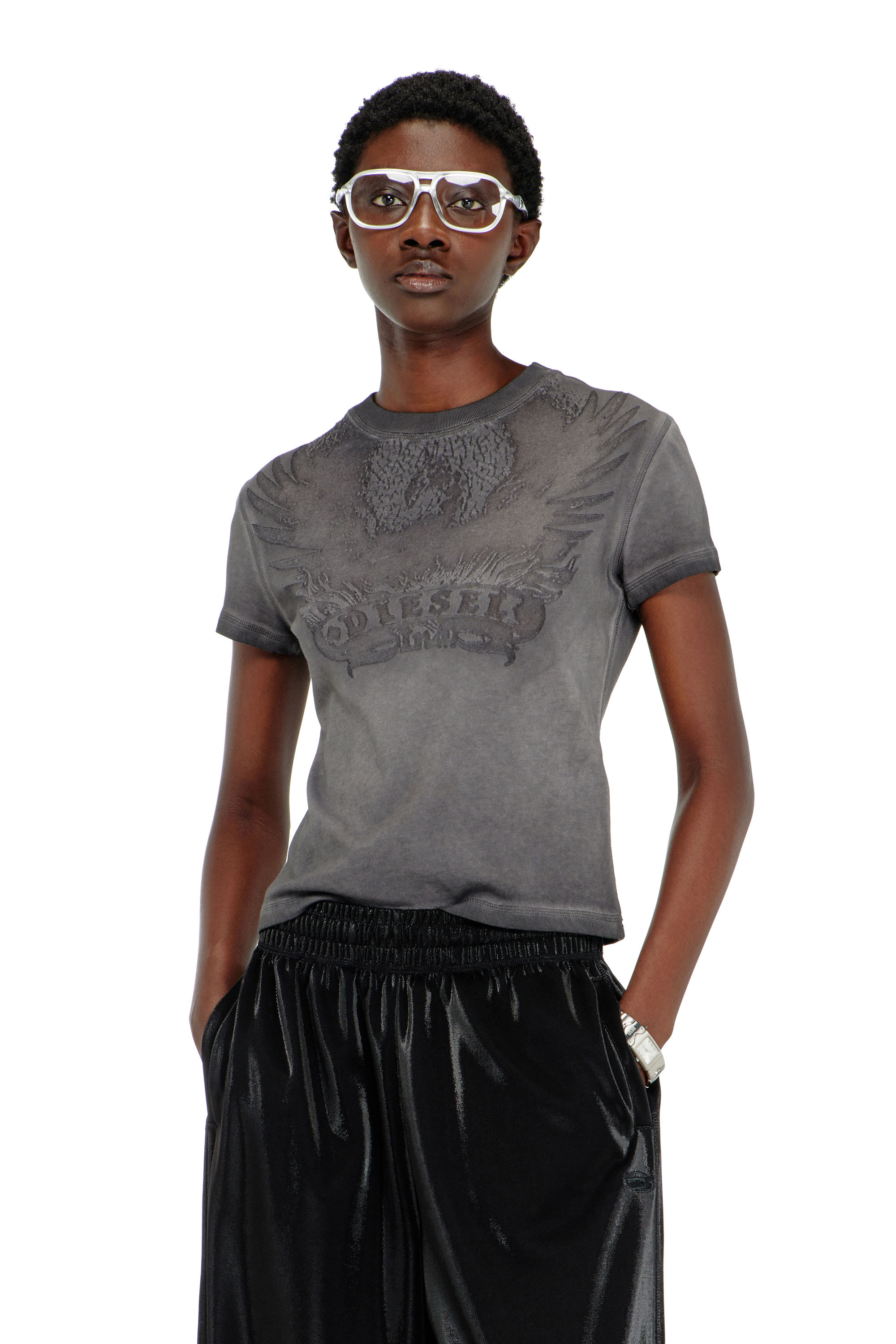 Diesel - T-ILA-AA7, T-shirt slim con d&eacute;vor&eacute; Phoenix Donna in Grigio - 1