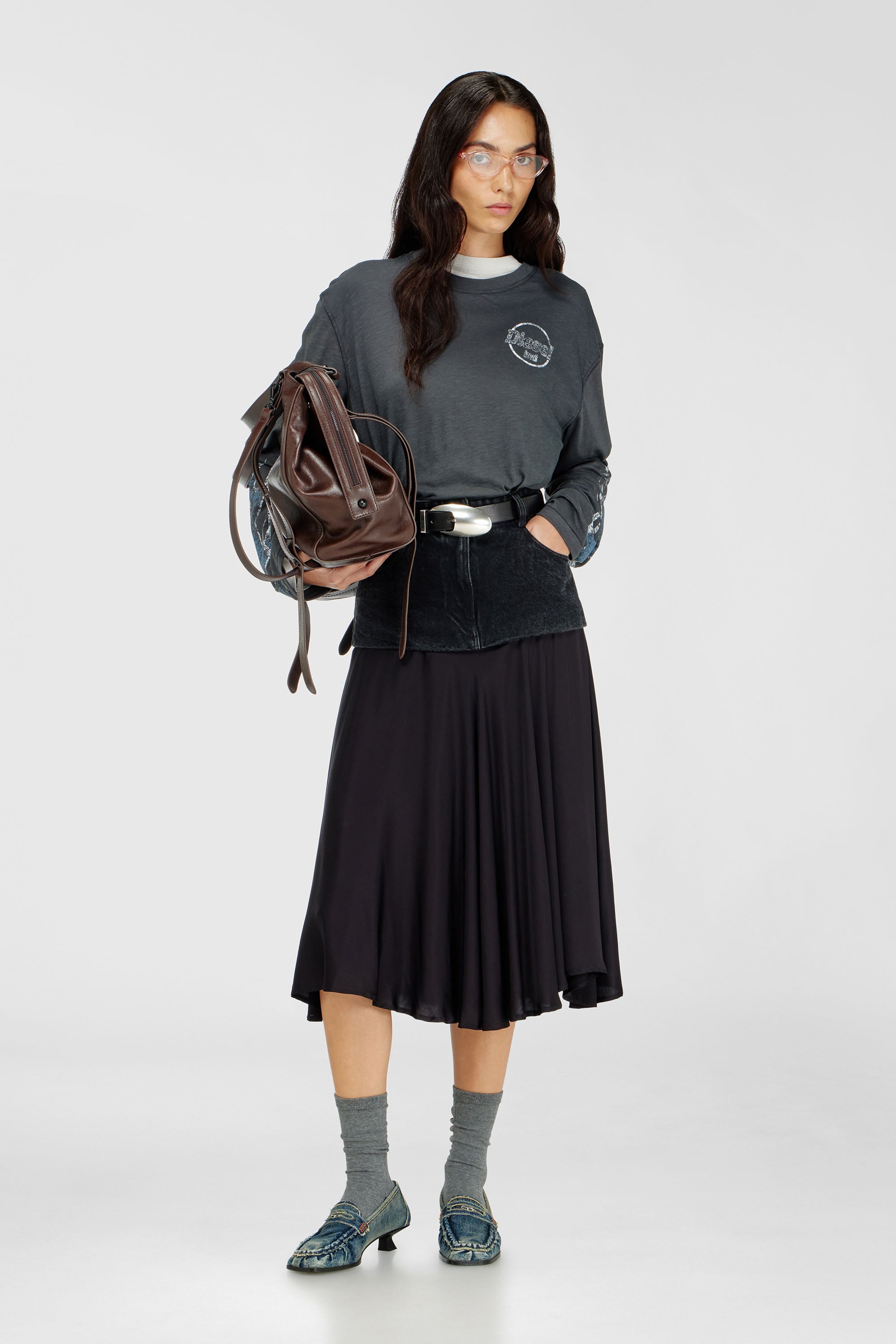 Diesel - T-HILARY-LS-B3, T-shirt a manica lunga in jersey fiammata con stampa craquel&eacute; Donna in Grigio - 2
