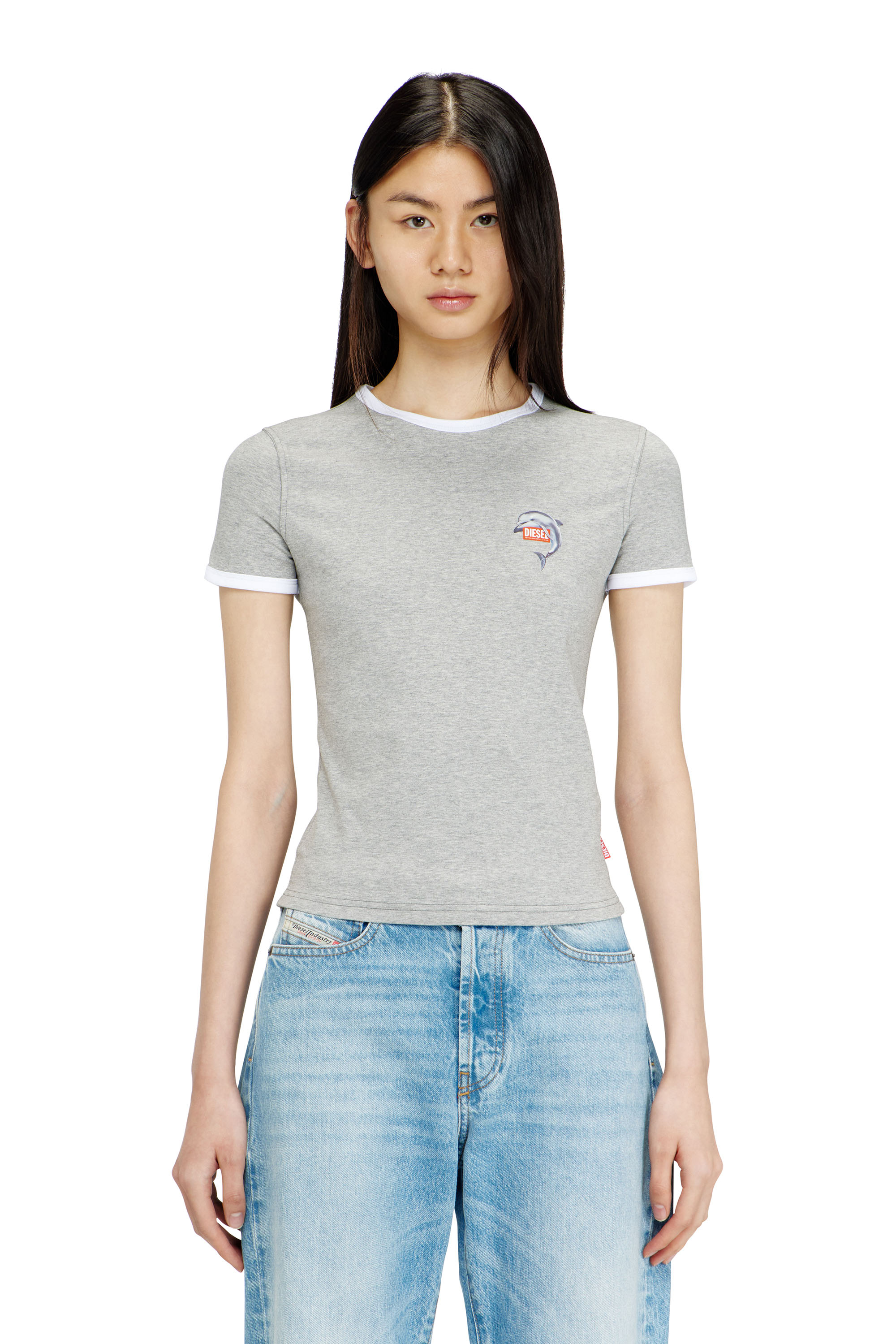 Diesel - T-UNCUTIES-LONG-S13, T-shirt aderente con stampa di delfino Donna in Grigio - 3