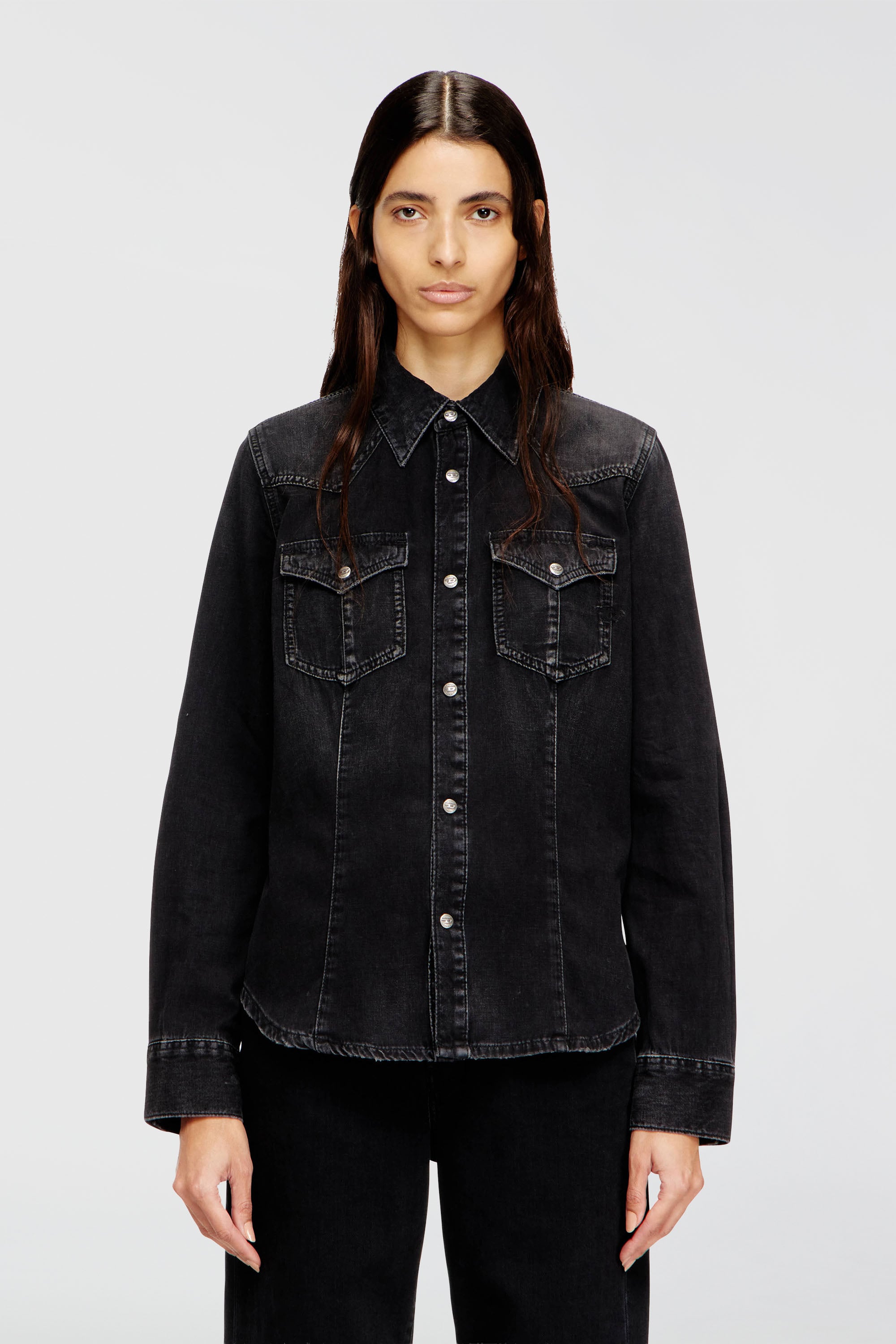 Diesel - DE-WAVES, Camicia western in denim trattato Donna in Nero - 1