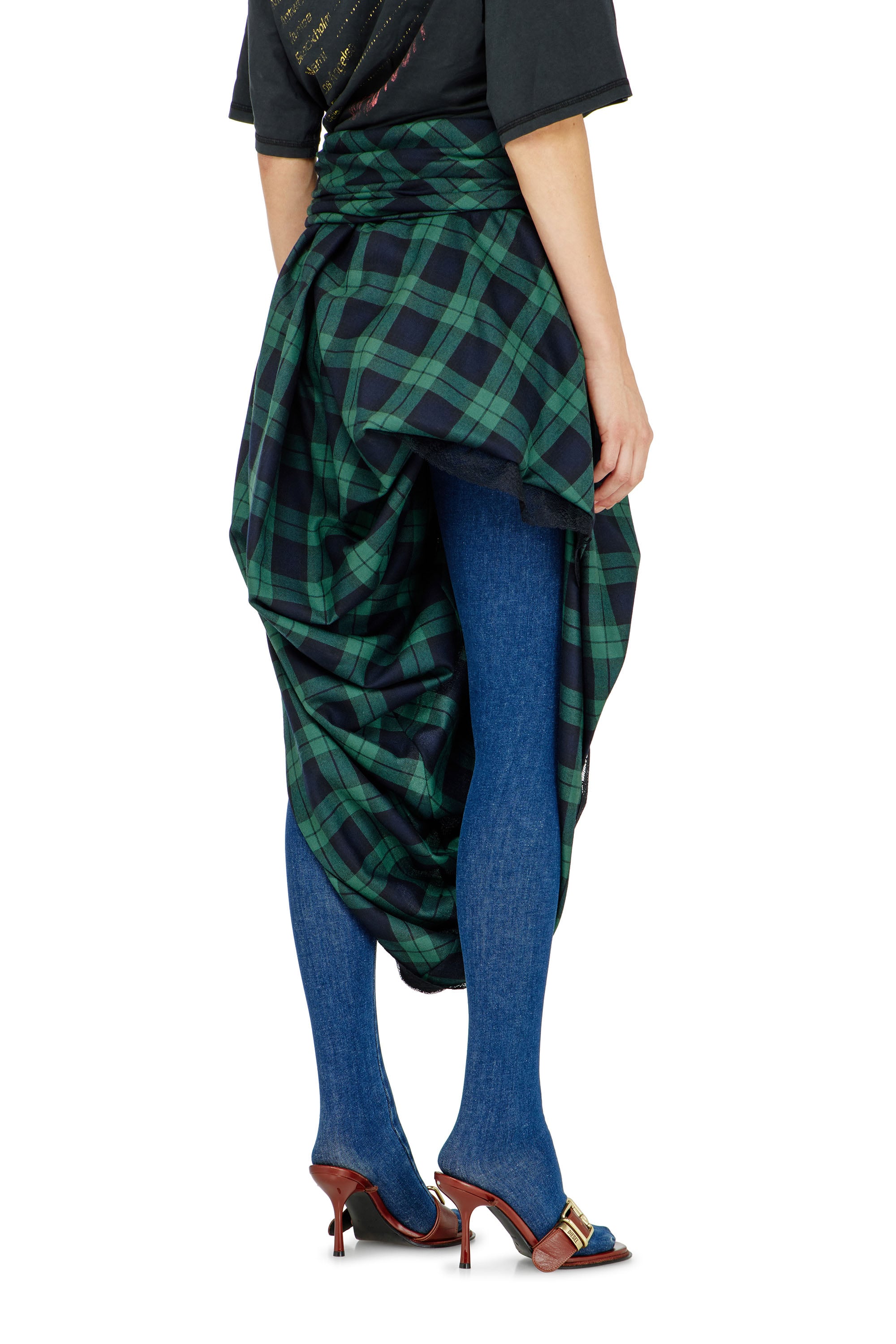 Diesel - O-WINNY, Gonna midi tartan drappeggiata con bordo in pizzo Donna in ToBeDefined - 3