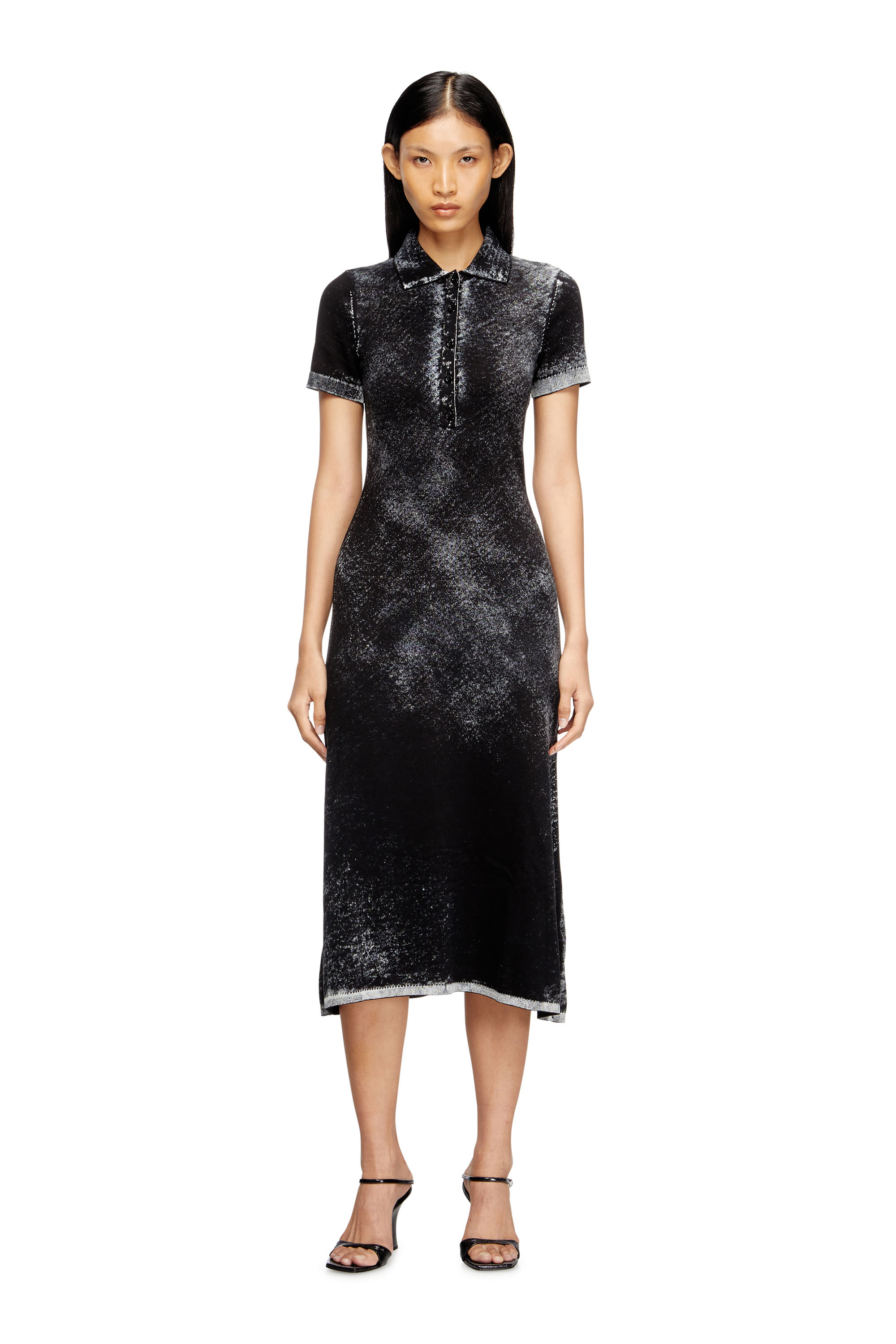 Diesel - M-LOURENS, Midi polo dress in reverse-printed knit Donna in Nero - 2