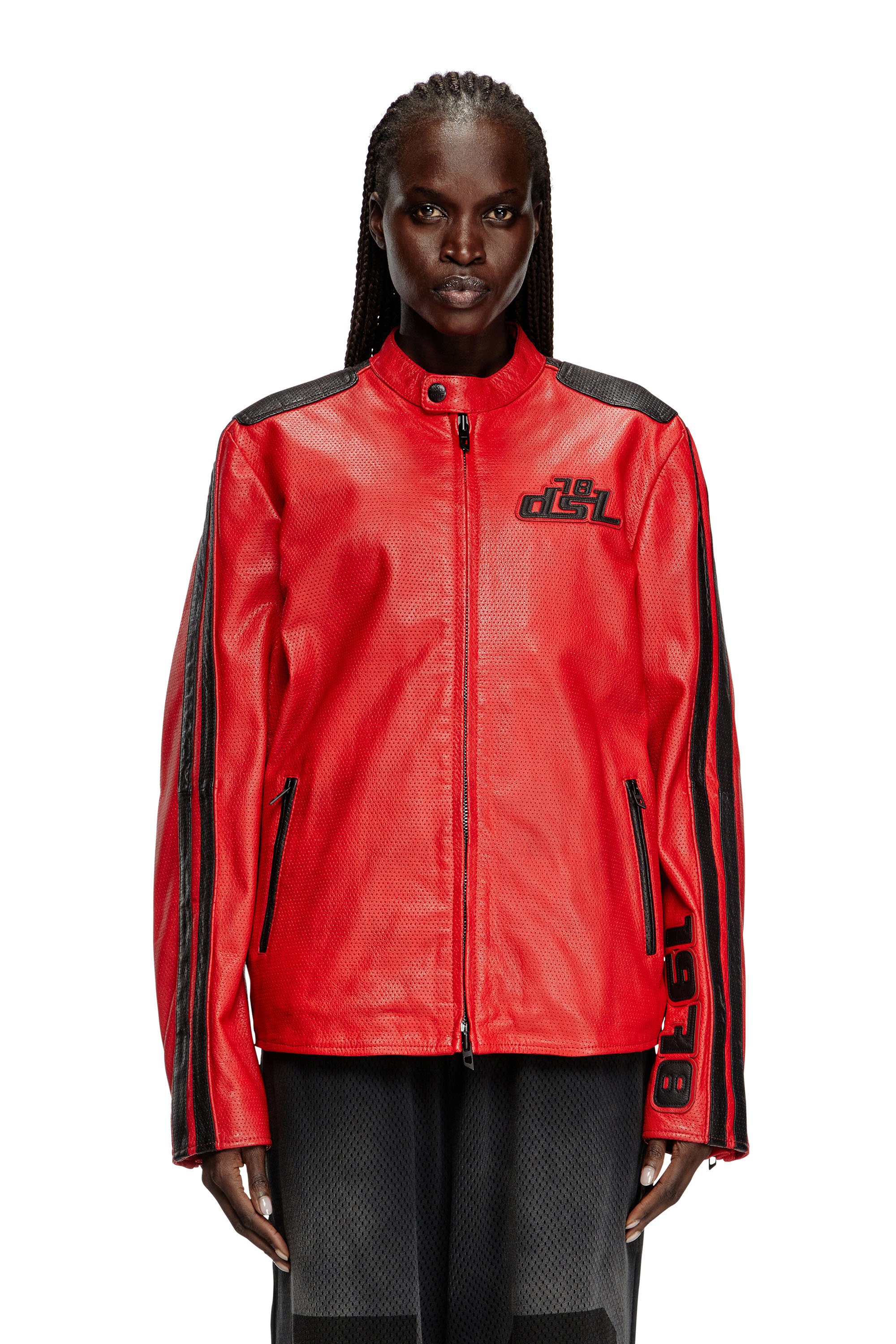 Diesel - L-POP, Giacca biker in pelle traforata Unisex in Rosso - 6