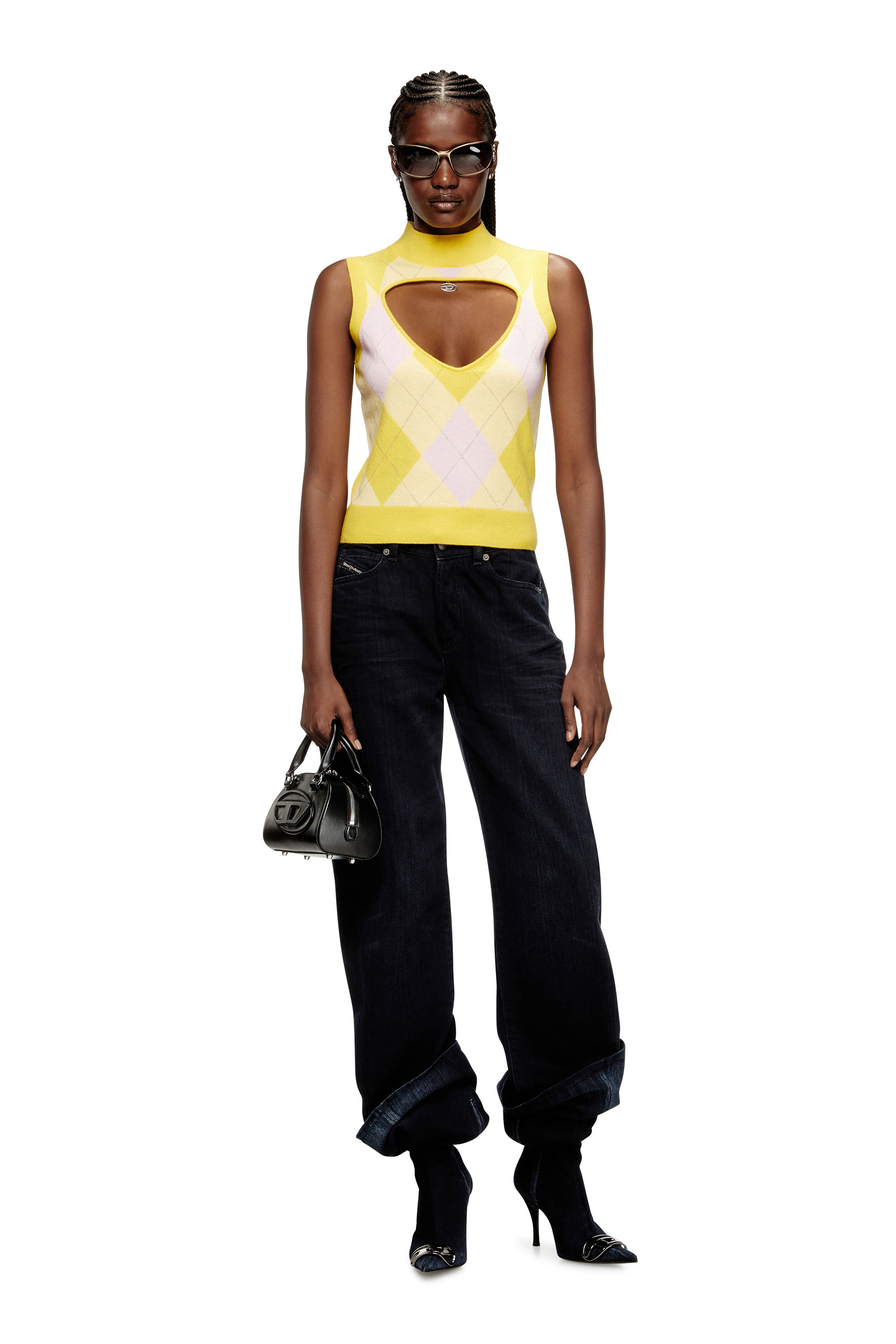 Diesel - M-ROMKO-SL, Smanicato in lana a rombi con dolcevita e cut-out Donna in Giallo - 2