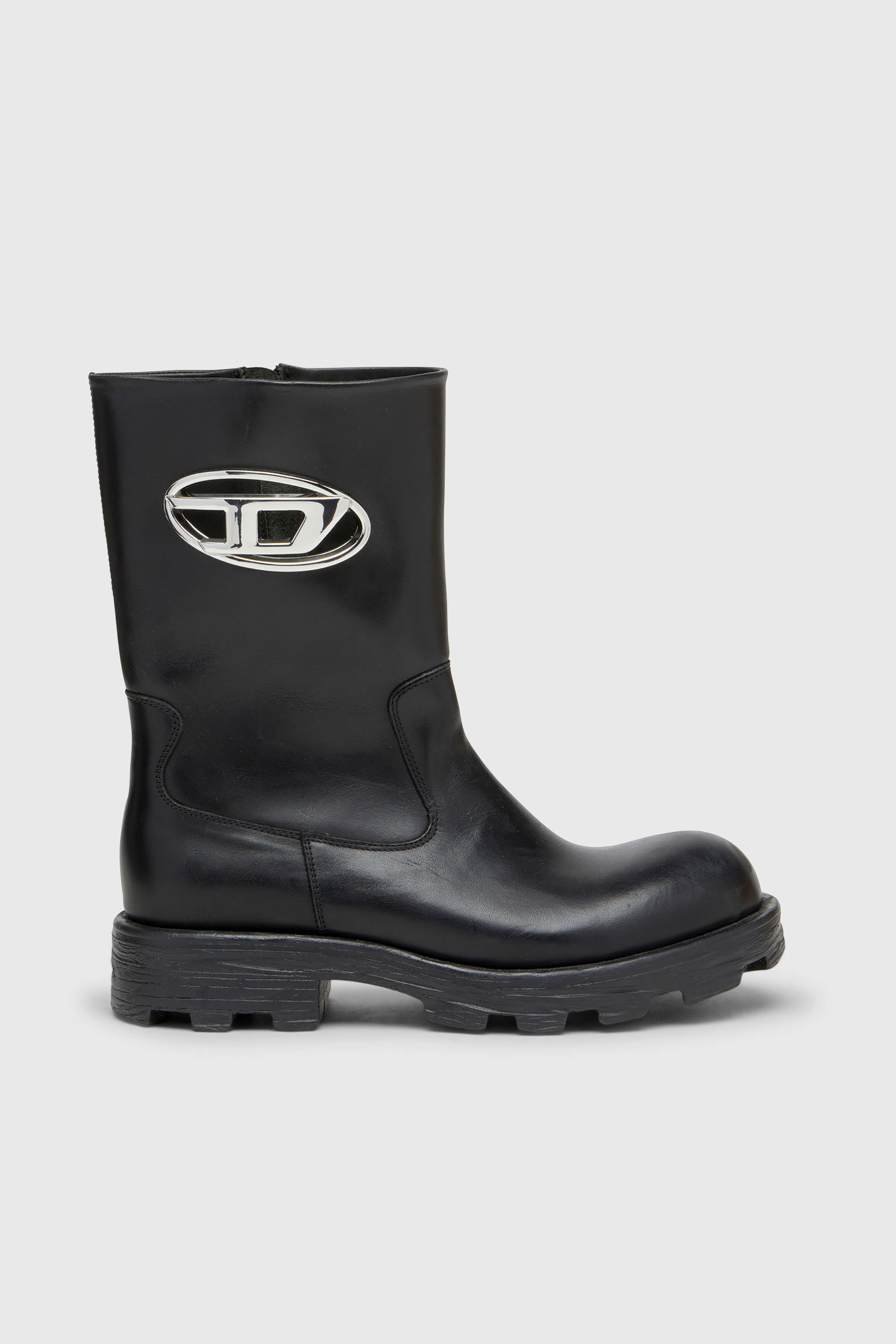 Diesel - D-HAMMER BKR D W, D-Hammer-Anfibi cut-out in pelle con logo in metallo Donna in Nero - 1