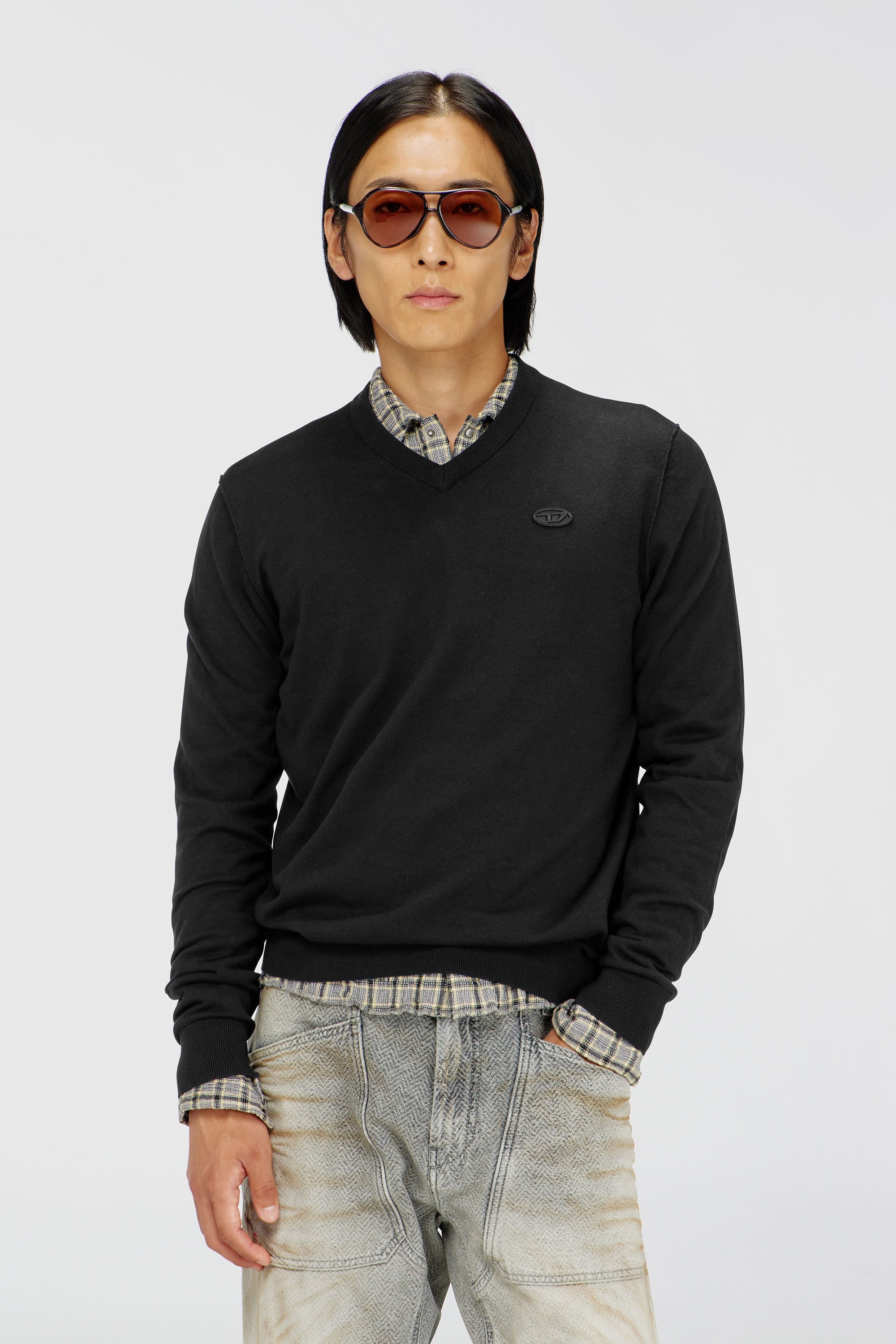 Diesel - K-FREEX-VNECK-TAG-T92, Maglia in cotone con logo Oval D tono su tono Uomo in Nero - 1
