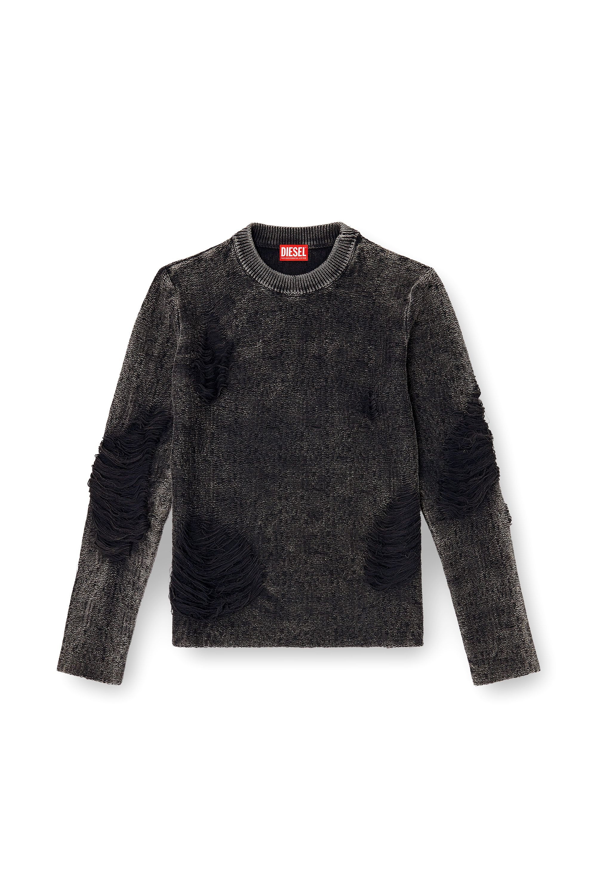 Diesel - K-FJORDI-ROUND, Maglione destroyed con fili fluttuanti Uomo in Nero - 3