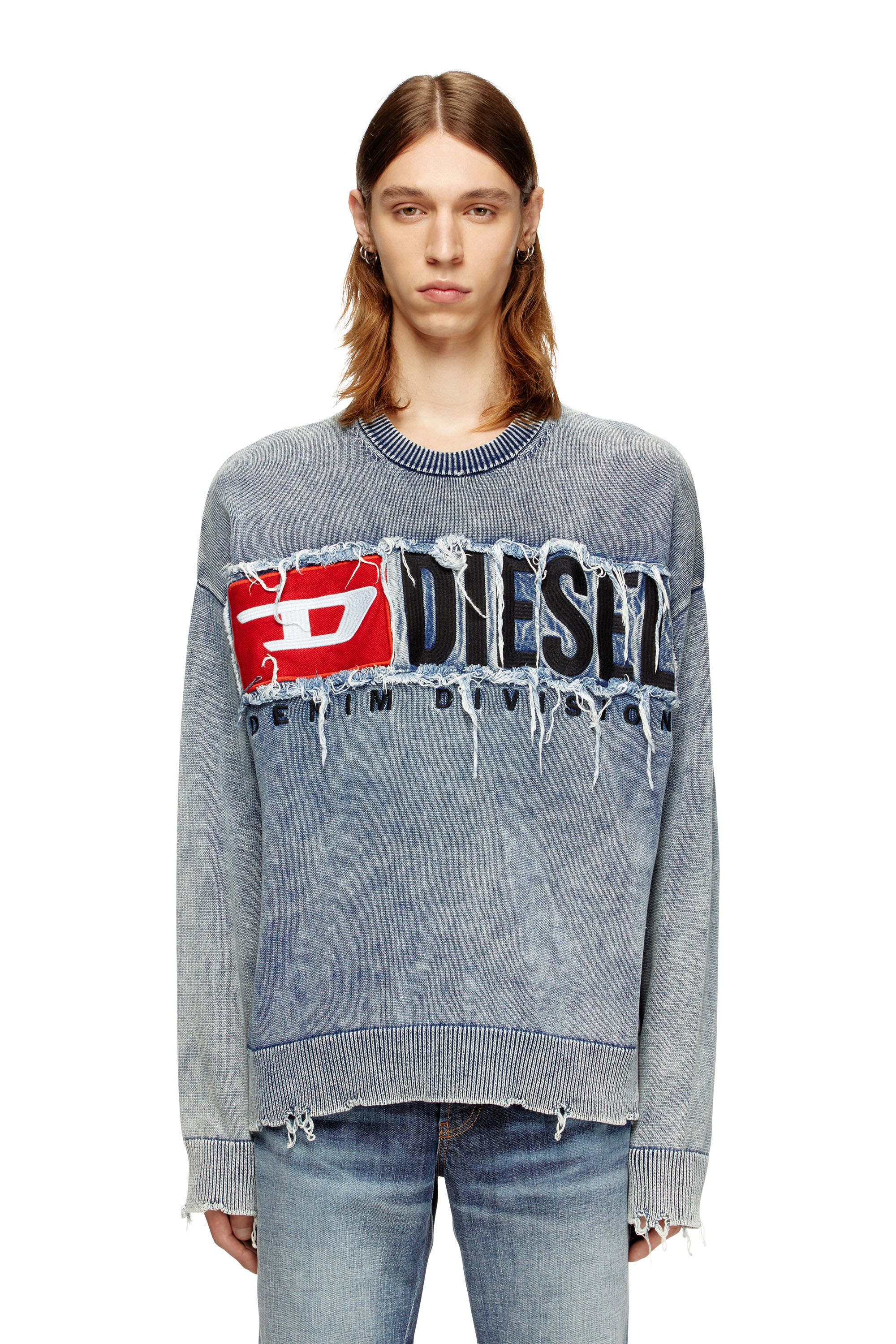Diesel - K-FRONZI, Maglia in cotone con patch in denim del logo Uomo in Blu - 1