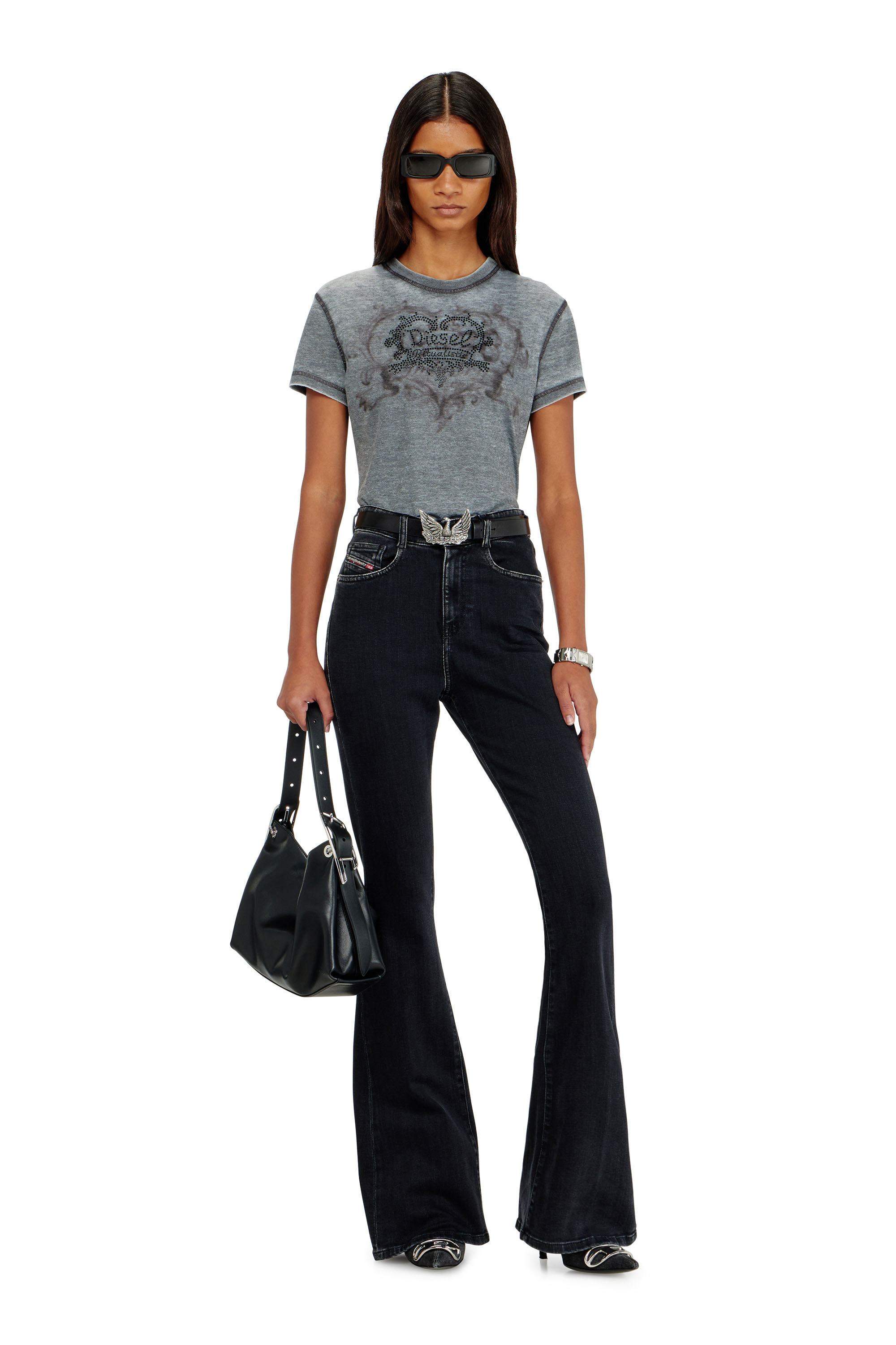 Diesel - T-ILA-AA1, T-shirt in jersey con strass ed effetto burnout Donna in Grigio - 2