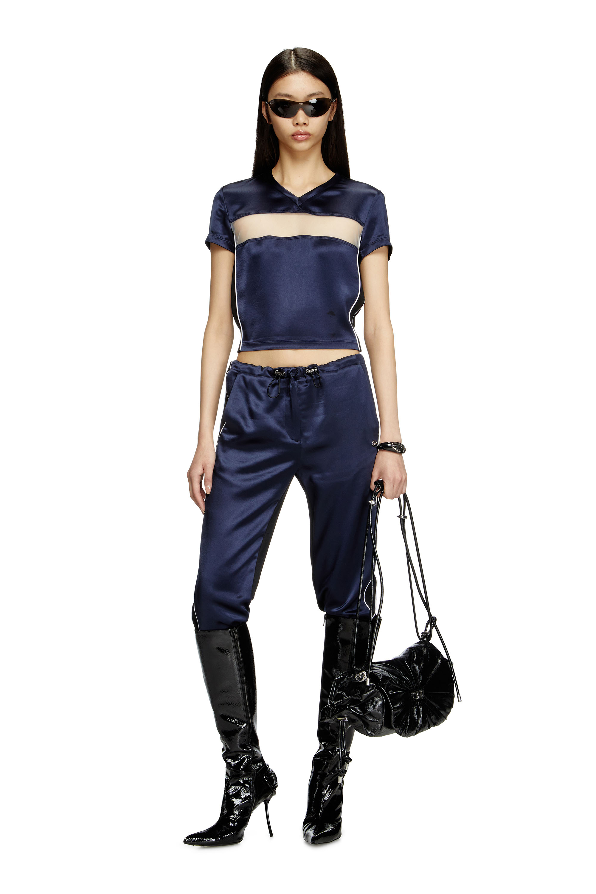 Diesel - T-RACE, T-shirt crop in raso, maglia e tulle Donna in Blu - 2