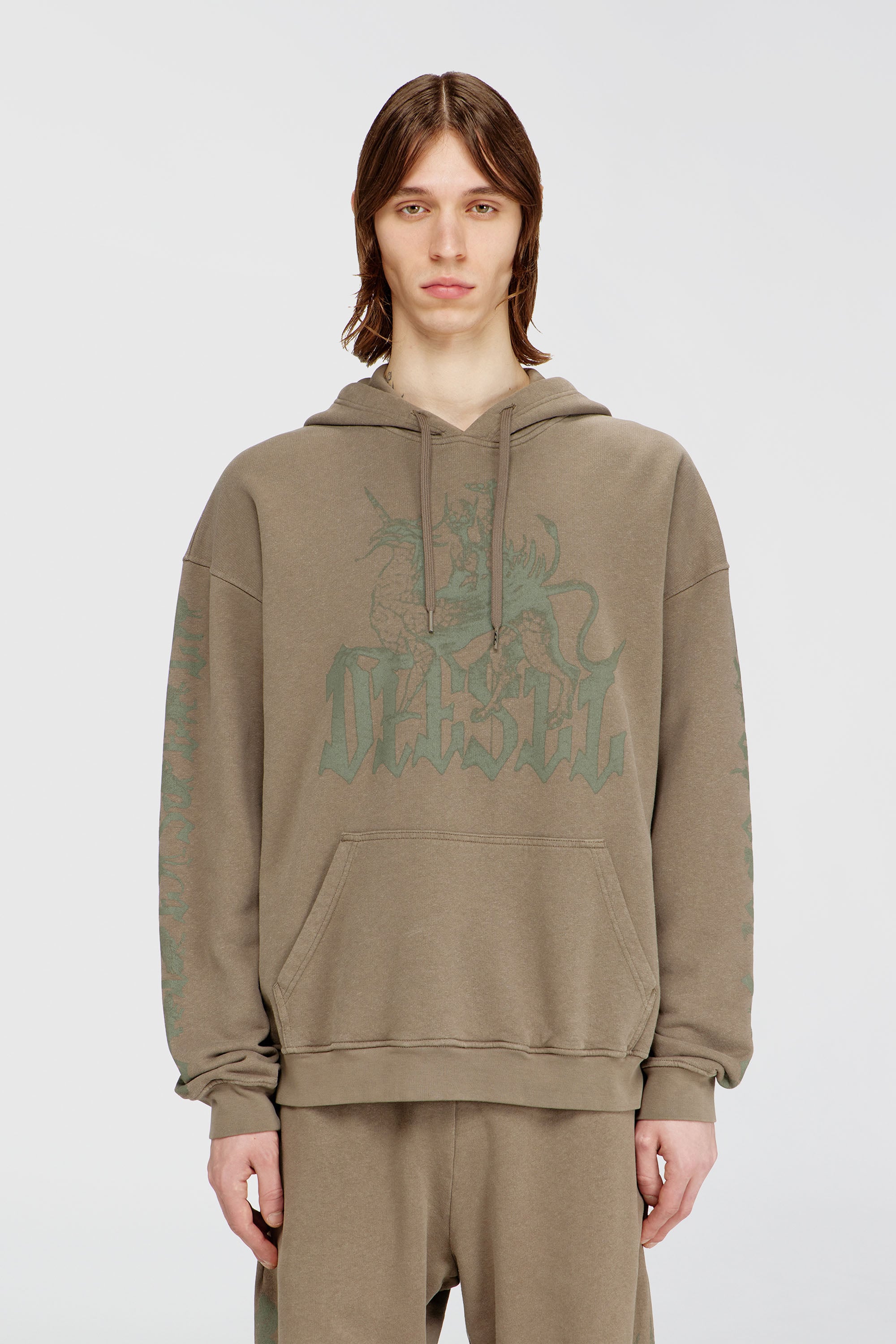 Diesel - S-GRIFFON, Hoodie trattato con stampa grifone Uomo in Marrone - 1