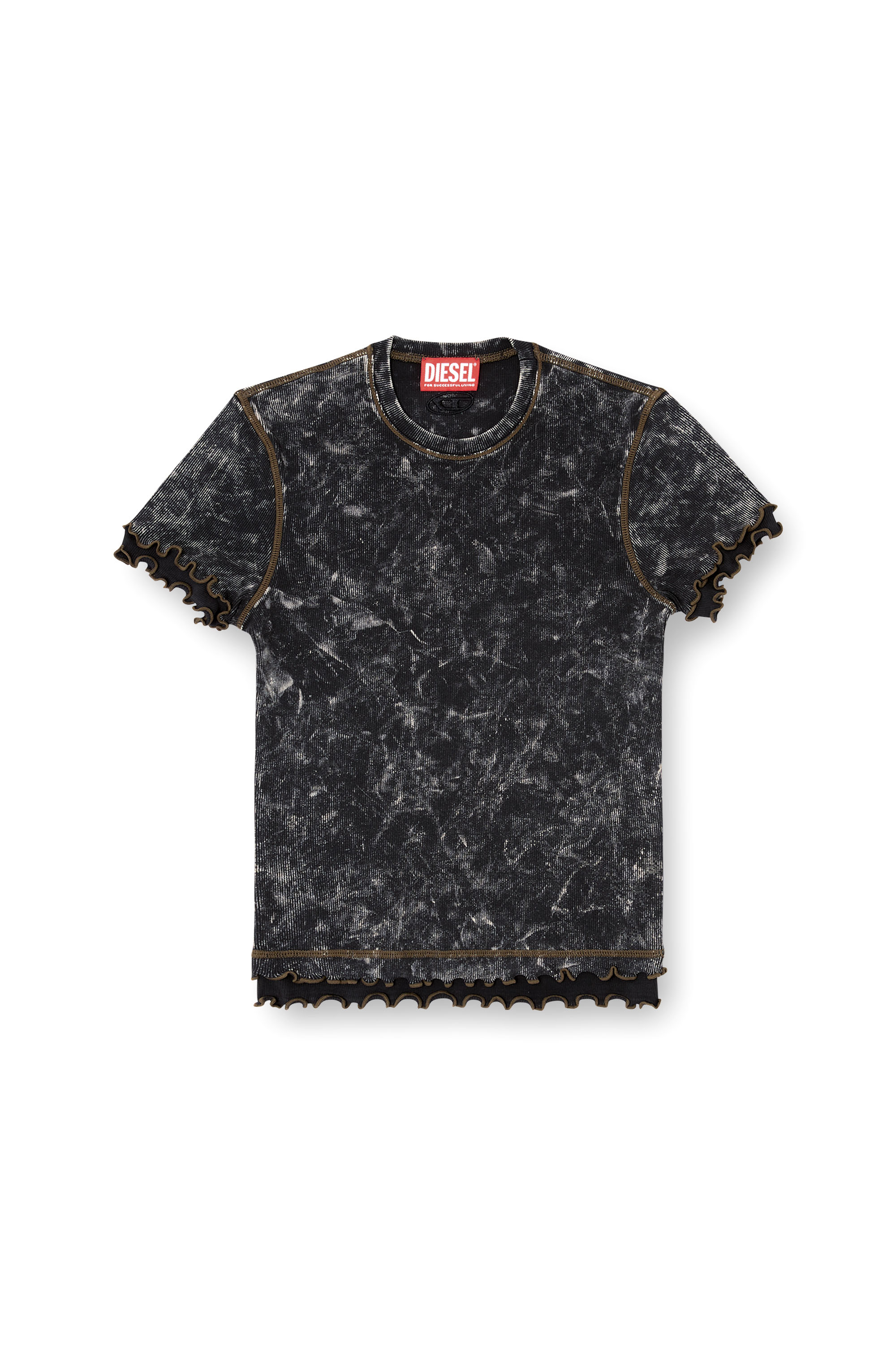 Diesel - T-FLU, T-shirt effetto marble con balze Donna in Nero - 2