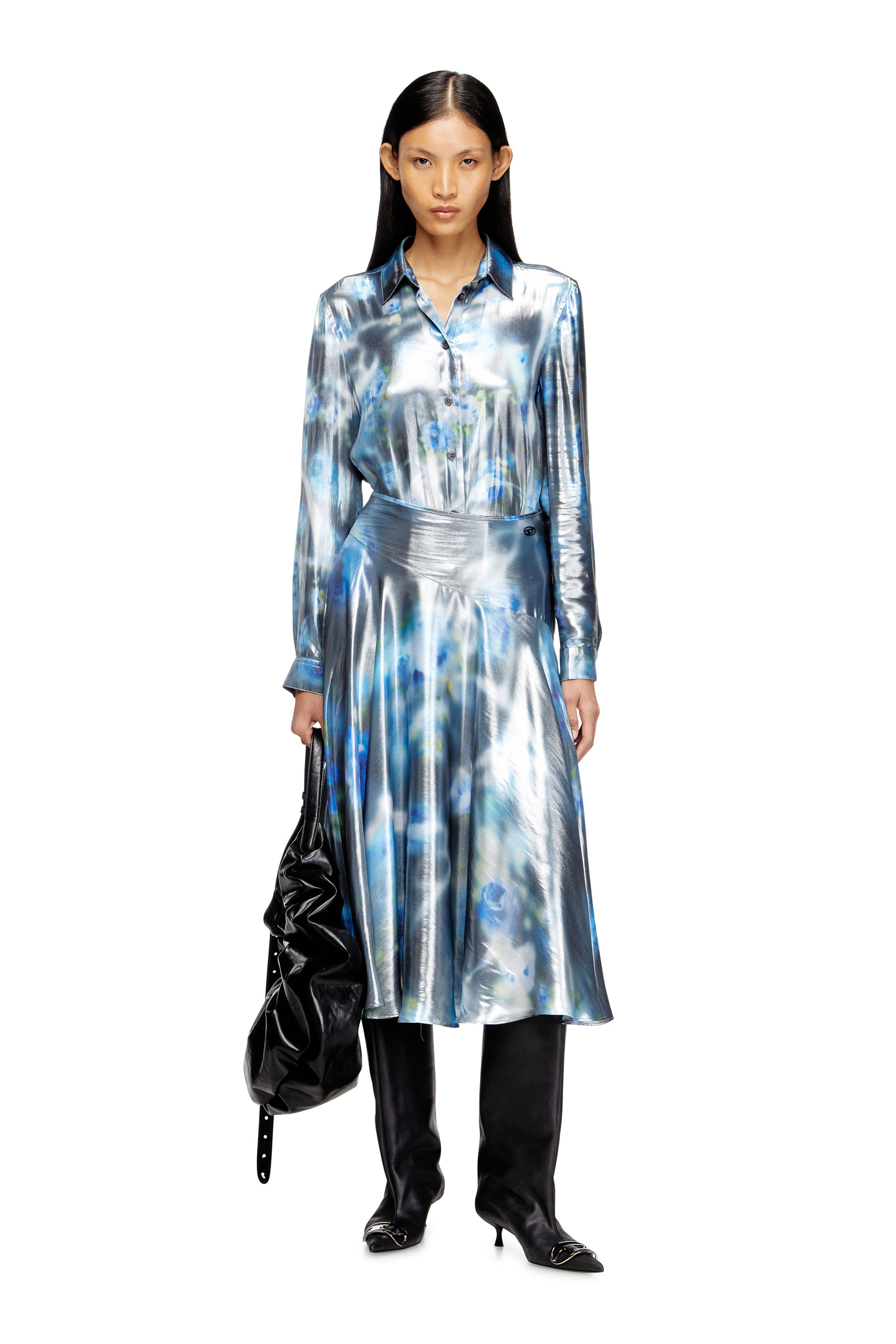Diesel - C-RONOR-S2, Camicia effetto metallizzato e rose sfocate Donna in Blu - 2