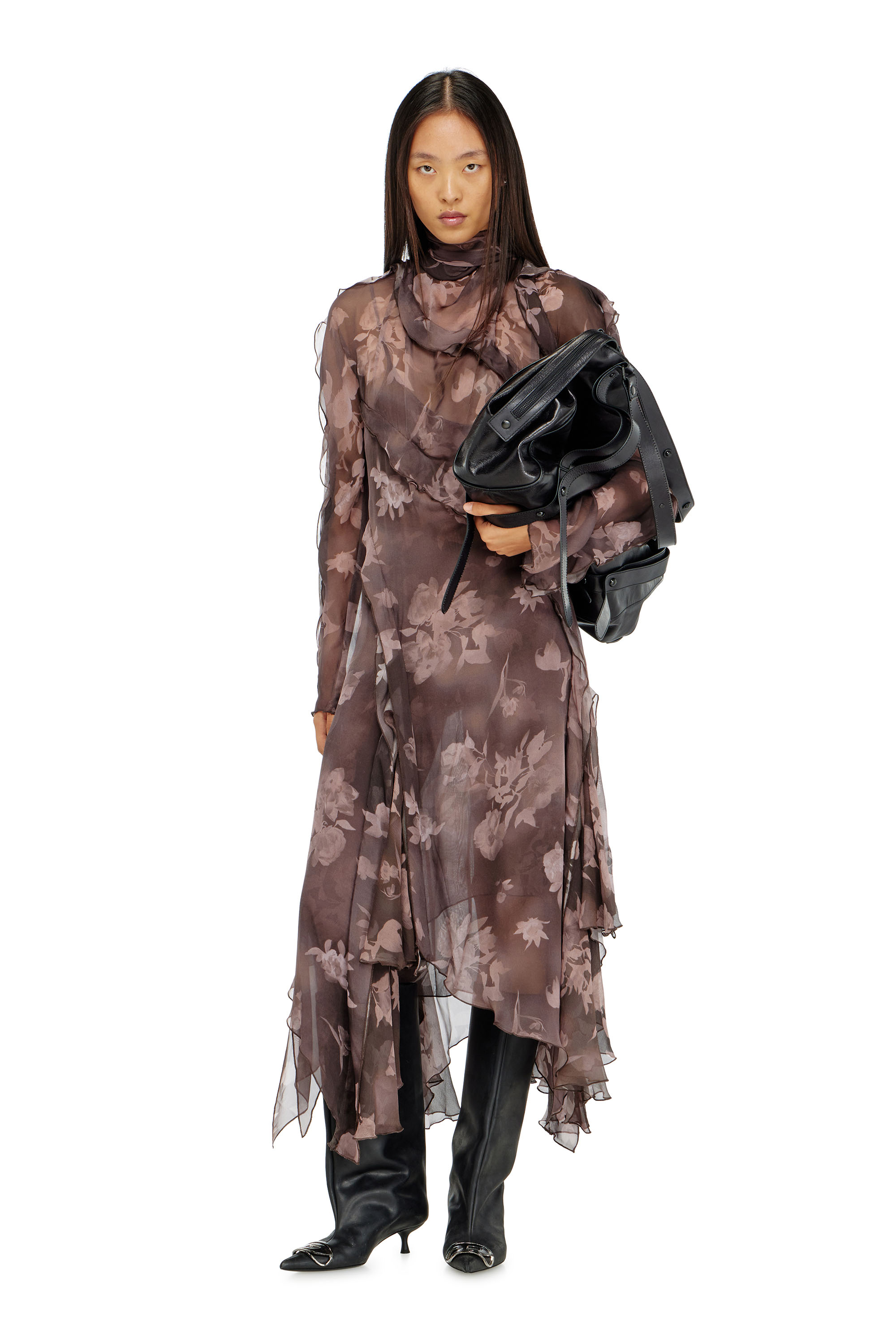 Diesel - D-RIADI, Abito midi asimmetrico in chiffon e cr&ecirc;pe di seta Donna in Marrone - 2