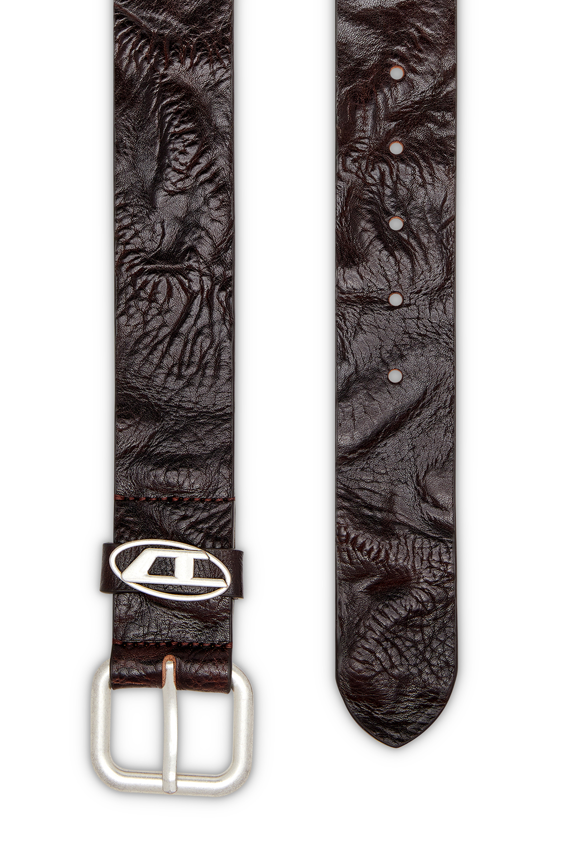 Diesel - B-1DR OVAL D LOOP, Logo-plaque wrinkled leather belt Unisex in Marrone - 2