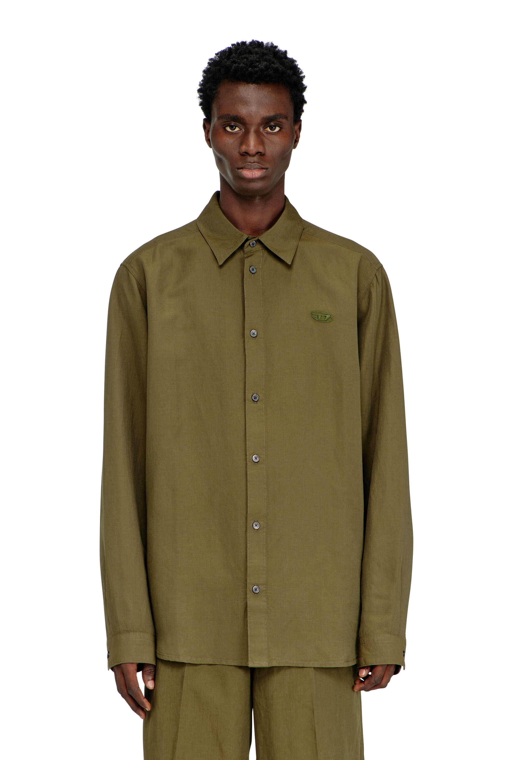 Diesel - S-SIMPLY-PGBS, Camicia in misto lino con ricamo del logo Uomo in Verde - 3
