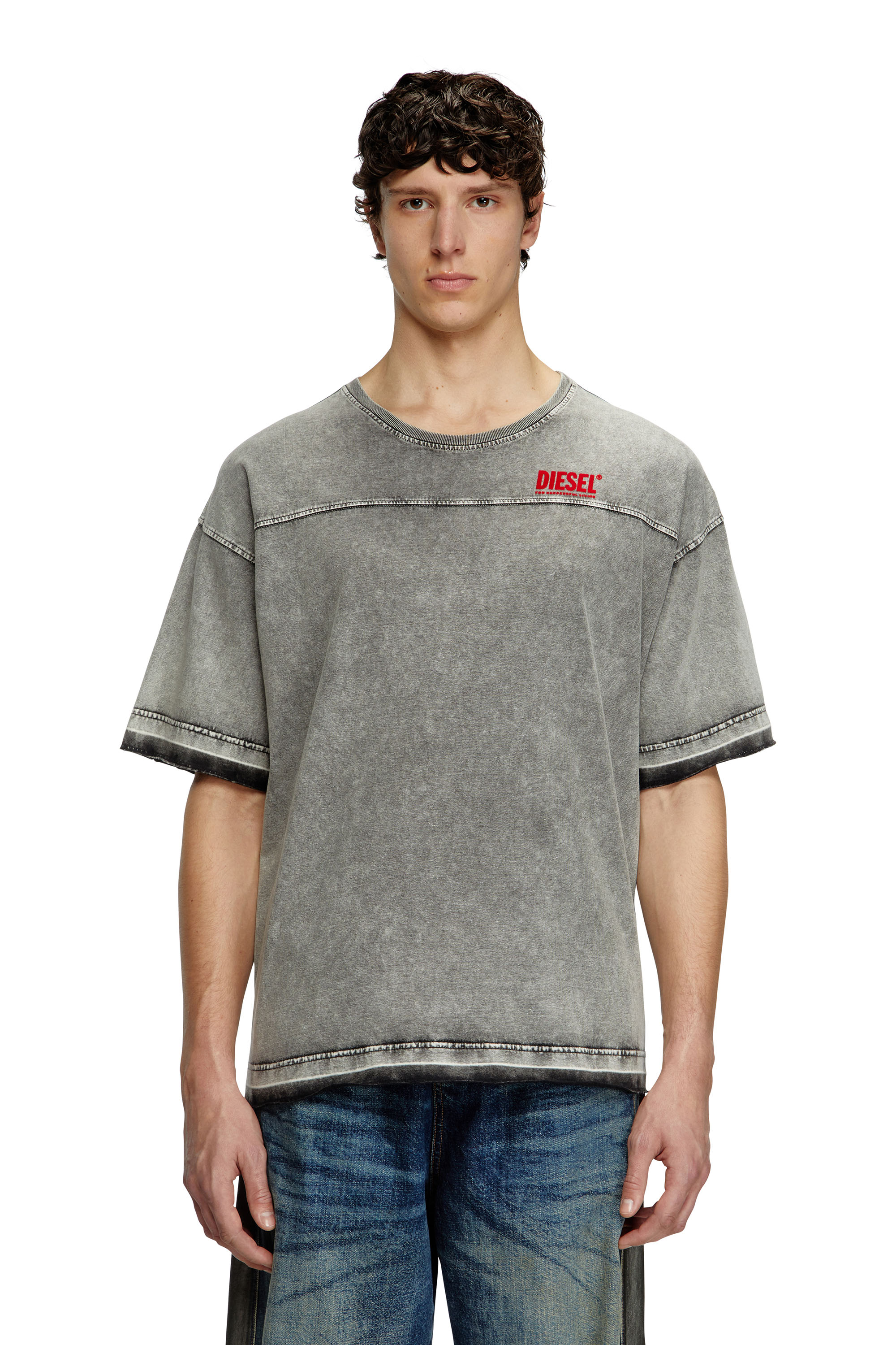 Diesel - T-HOXT, T-shirt effetto denim con orli scuciti Uomo in Grigio - 1