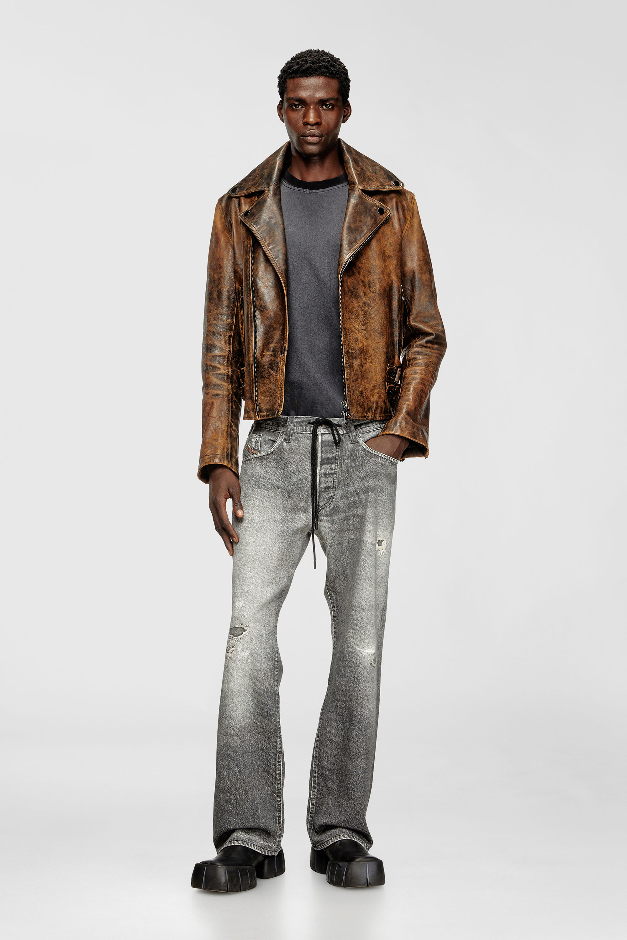 Diesel - L-EON, Man's Biker jacket in treated leather in Brown - 1