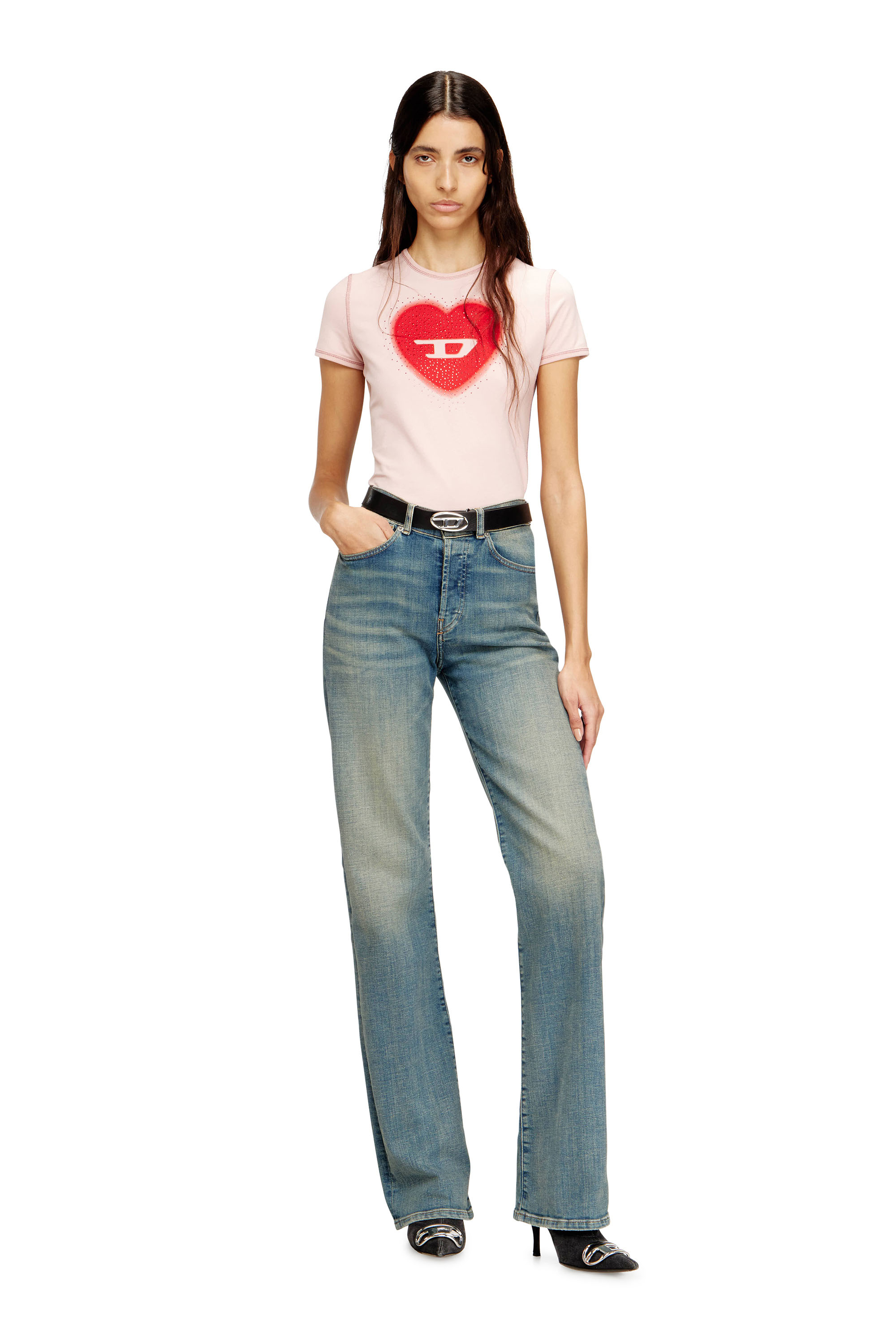 Diesel - T-UNCUTIES-LONG-S5, T-shirt slim con stampa a cuore e borchie Donna in Rosa - 2