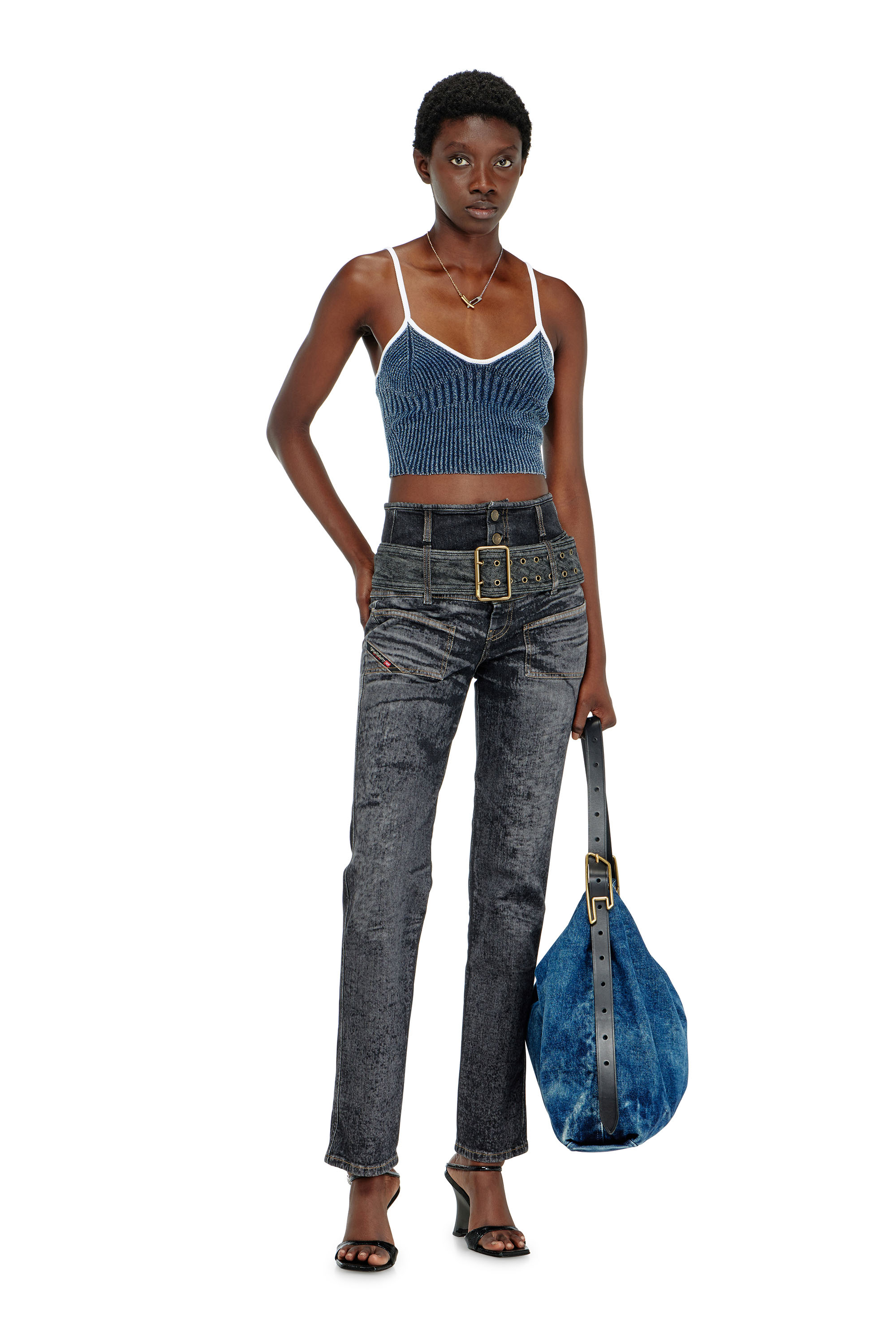 Diesel - M-ESTERE, Crop top in maglia boucl&eacute; indigo a costine Donna in Multicolor - 2