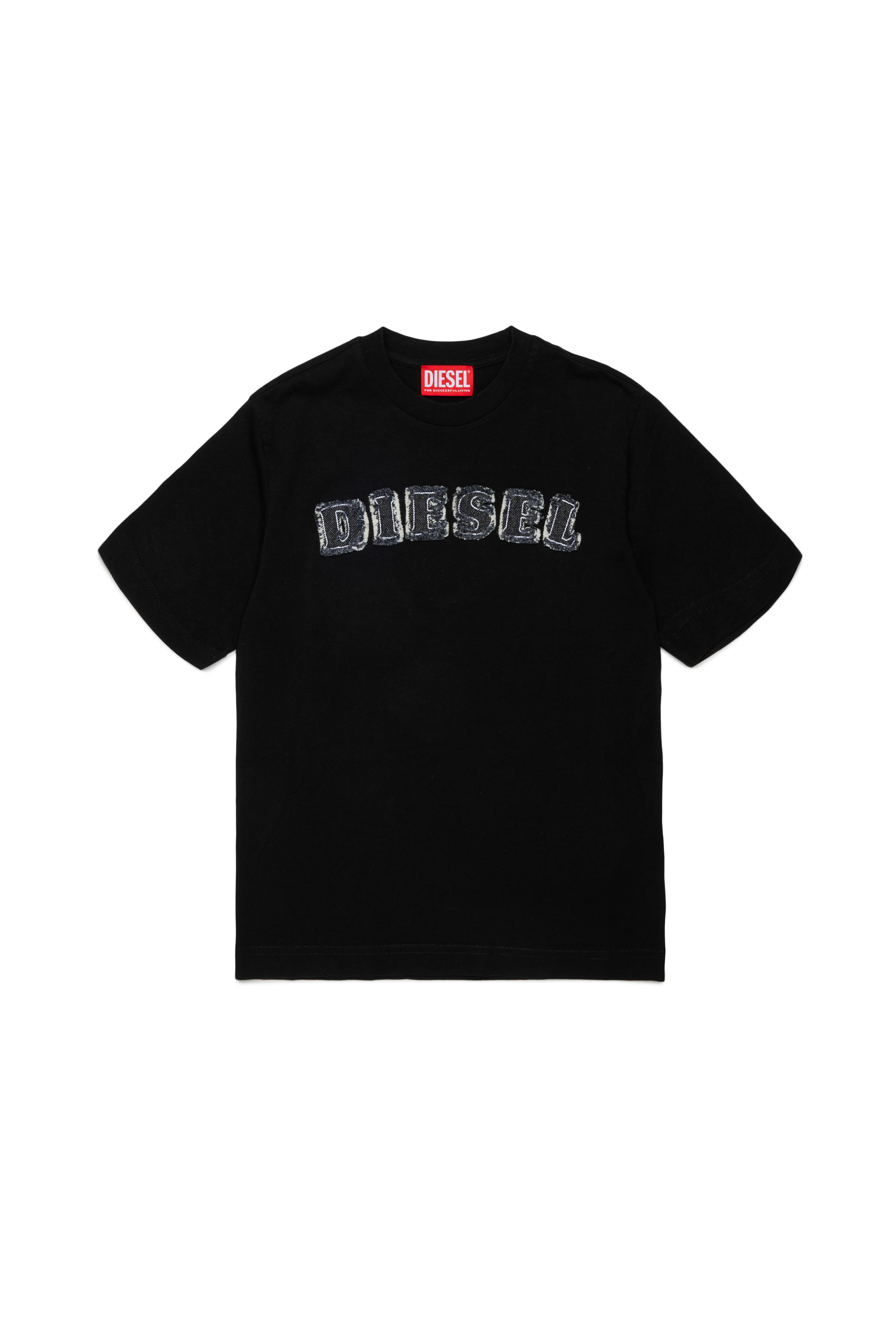 Diesel - TJEANS OVER, T-shirt in cotone con logo effetto sfrangiato Uomo in Nero - 1
