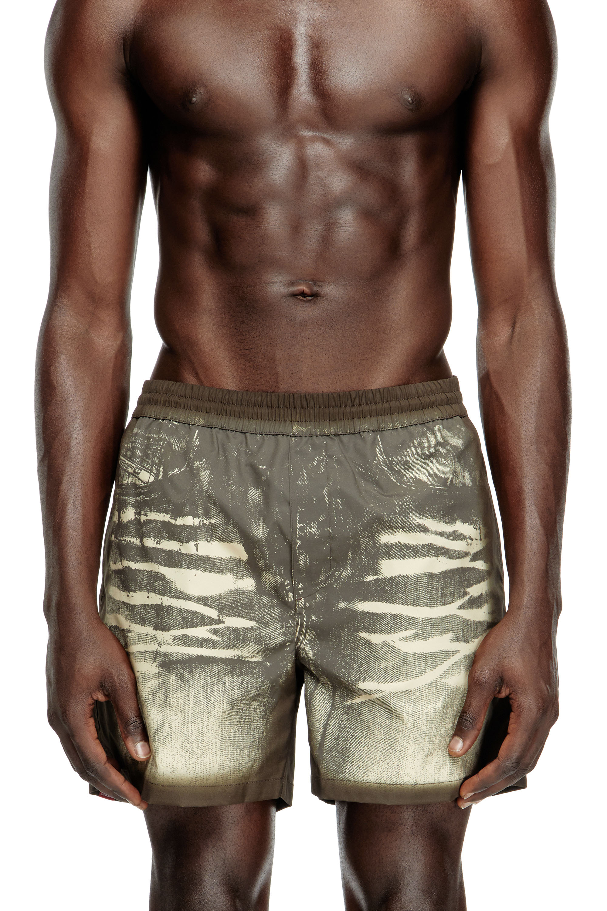 Diesel - RIO-41-DNM, Pantaloncini da mare con stampa denim Uomo in Marrone - 2