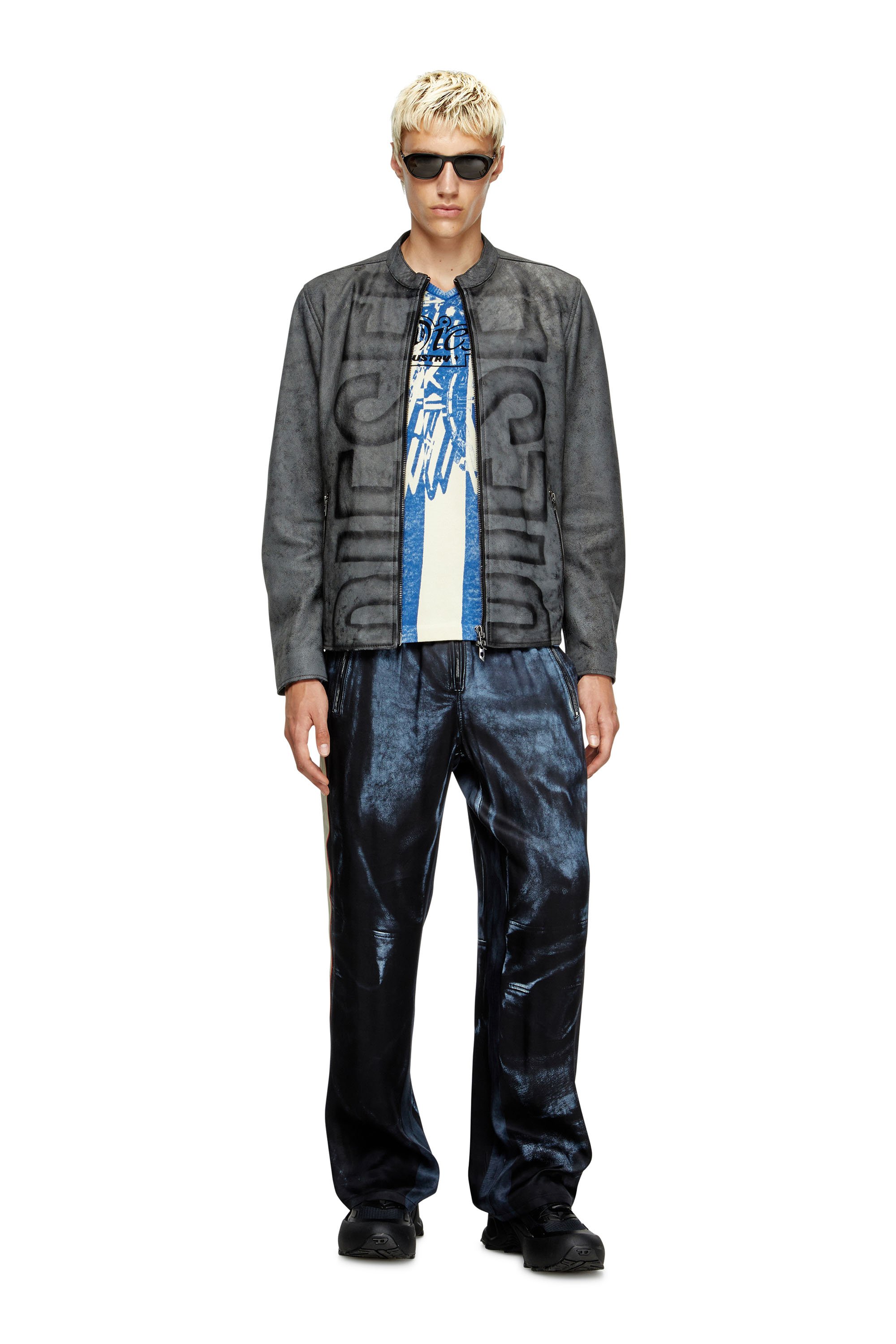 Diesel - L-EVERT-A, Giacca biker in pelle trattata con logo Uomo in Grigio - 2
