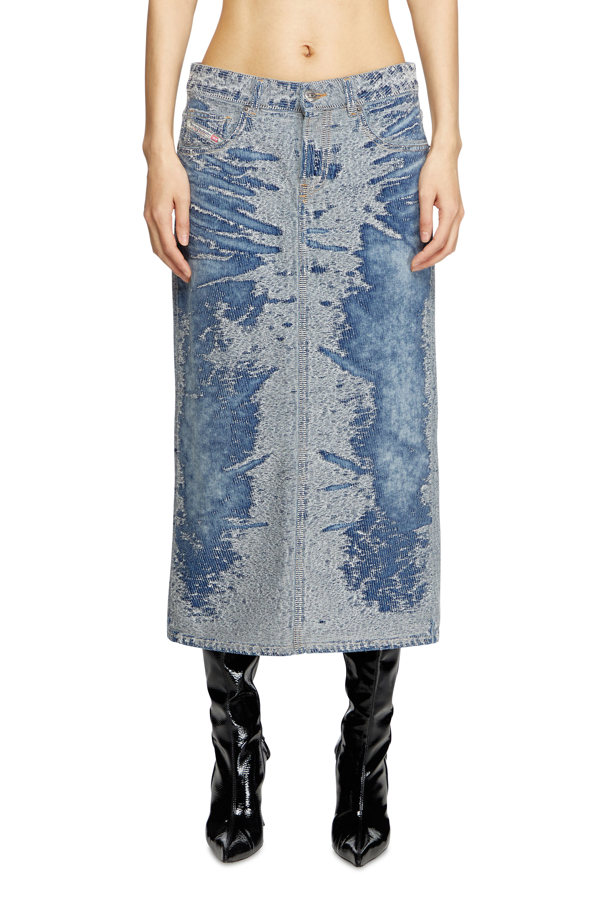 Diesel - DE-SKYE-S, Gonna midi in denim jacquard distressed Donna in Blu - 1