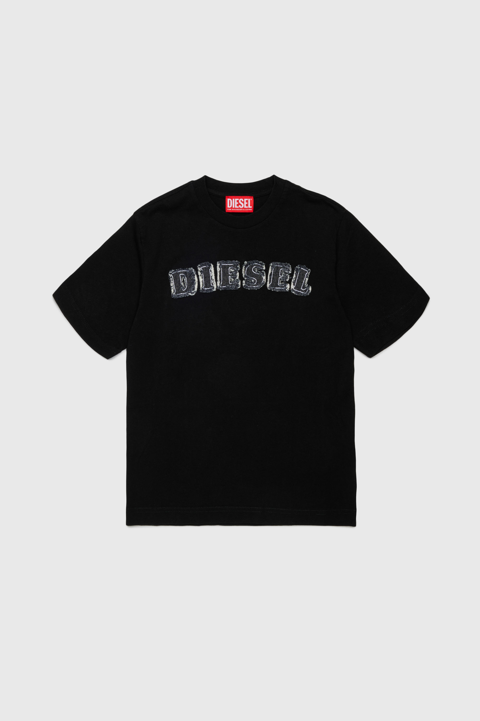 Diesel - TJEANS OVER, T-shirt in cotone con logo effetto sfrangiato Uomo in Nero - 1