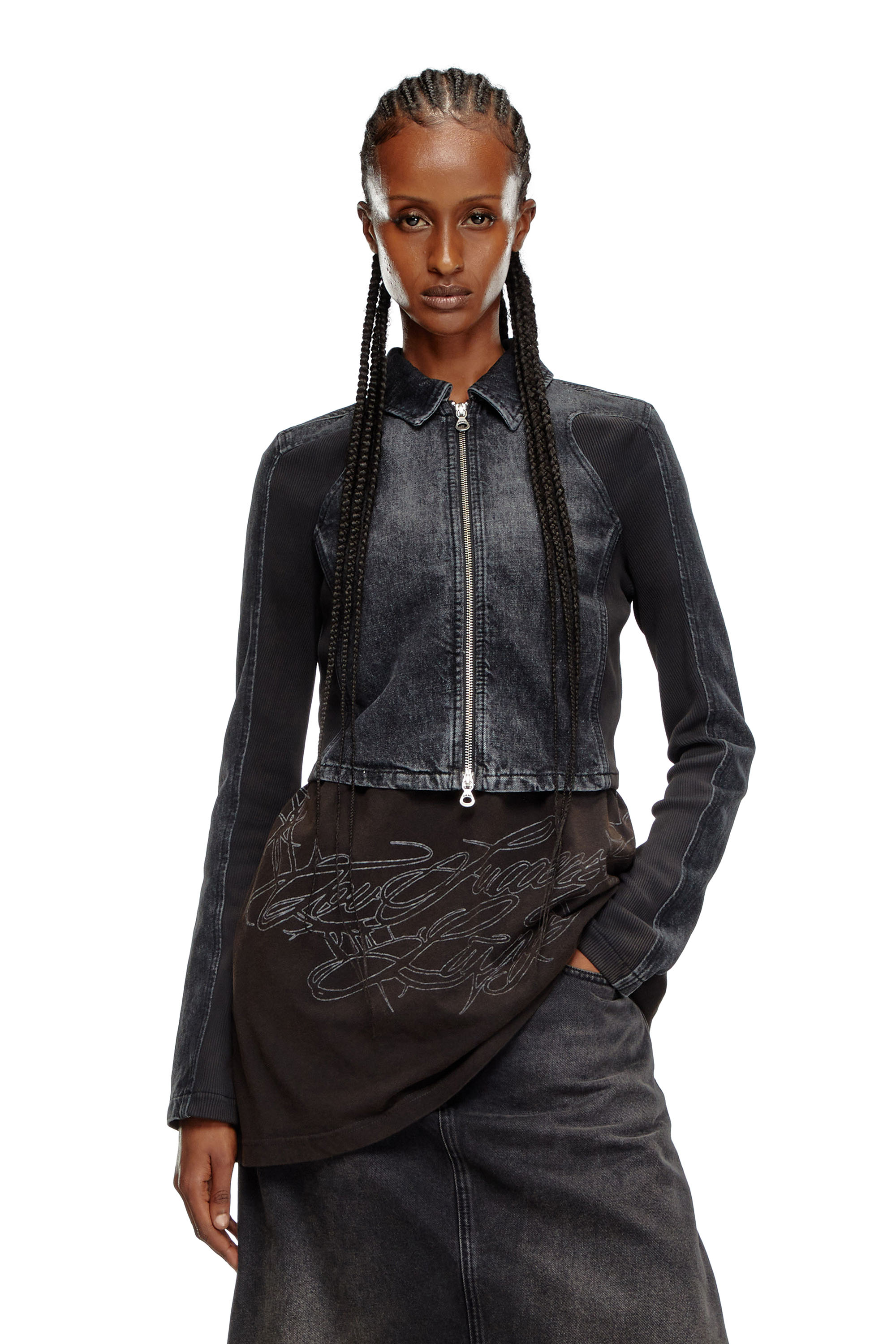 Diesel - DE-SYLEN-S, Giacca corta in denim con inserti a coste Donna in Nero - 3