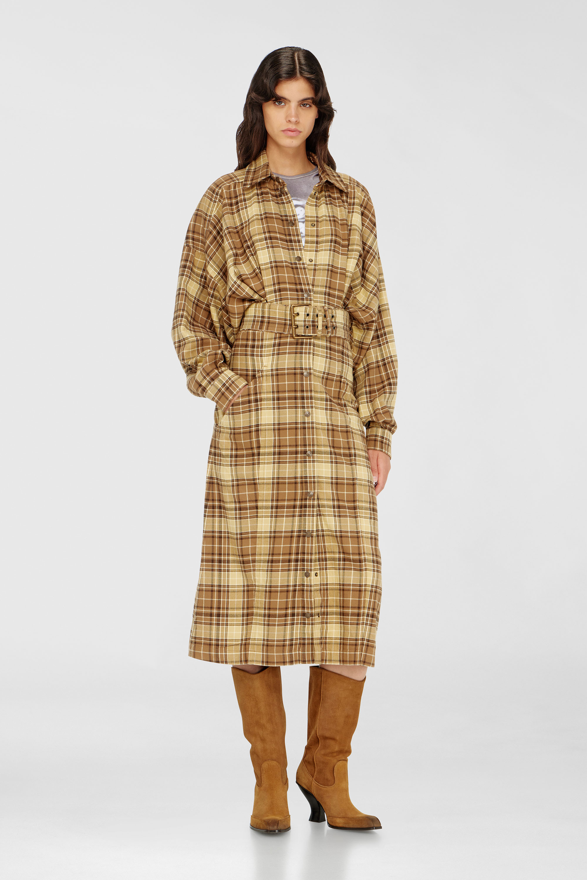 Diesel - D-EDALUS, Woman's Midi dress in check flannel with wide belt in Brown/Yellow - 3