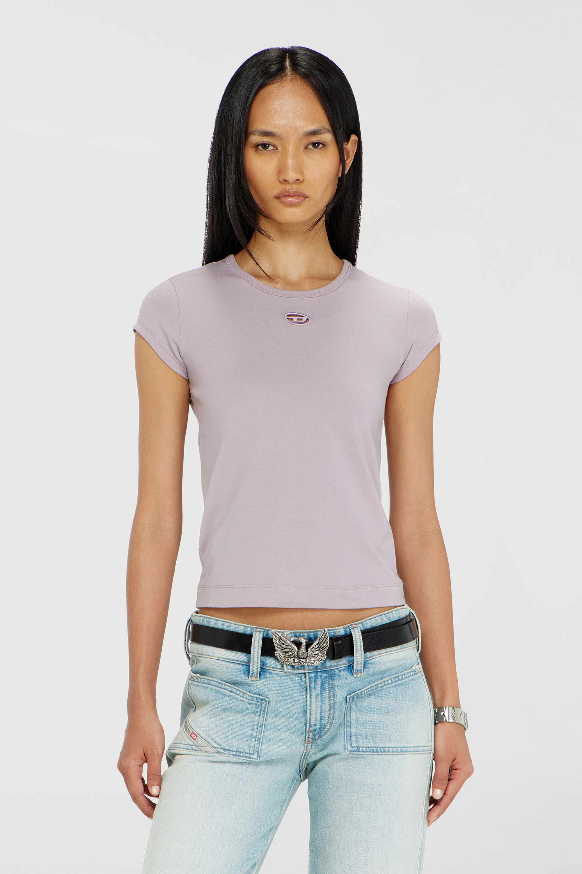 Diesel - T-ANGIE-OD, Woman's T-shirt with cut-out embroidered logo in Lilac - 1