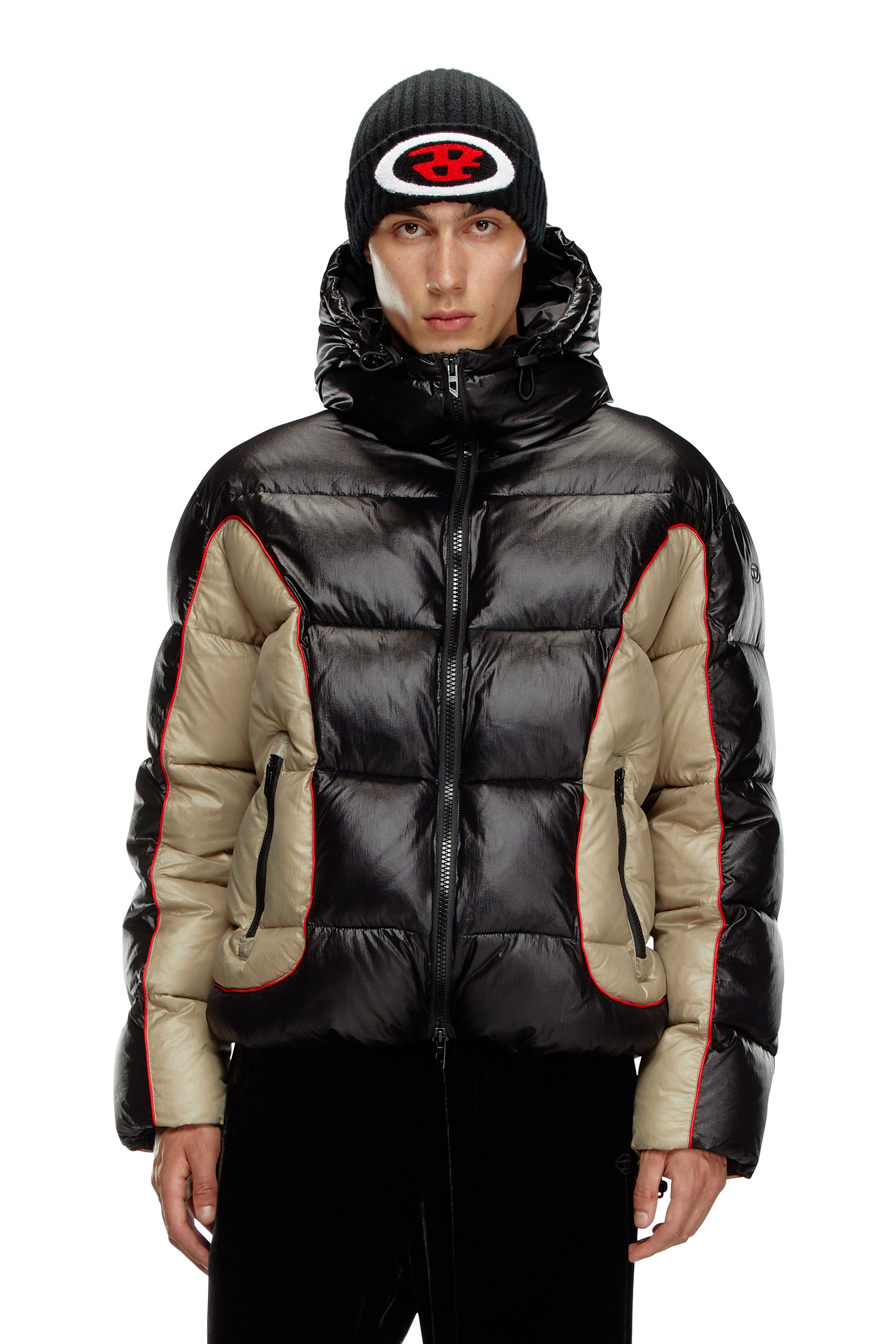 Diesel - W-OSTEND, Man's Hooded puffer jacket in shiny ripstop in Black/Beige - 1