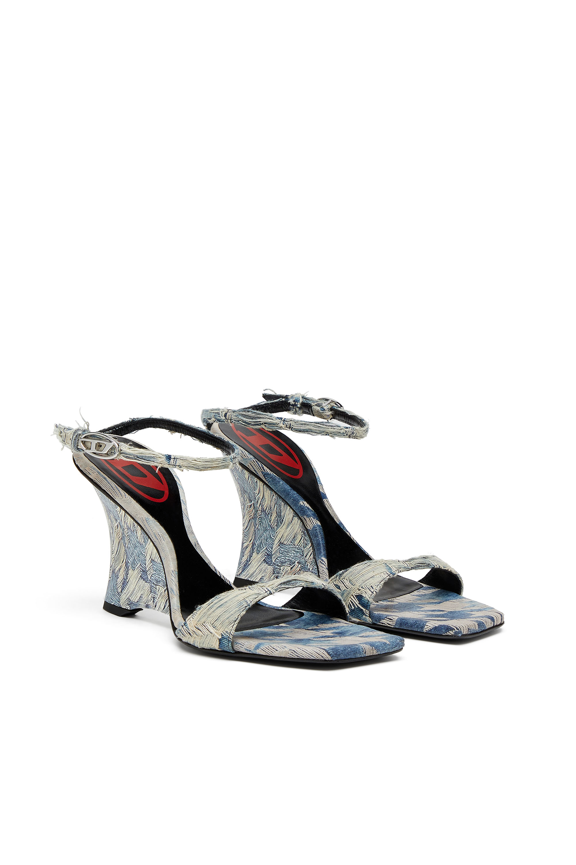 Diesel - D-AMBER SANDAL WEDGE, D-Amber-Sandali a zeppa in denim jacquard Donna in Blu - 3