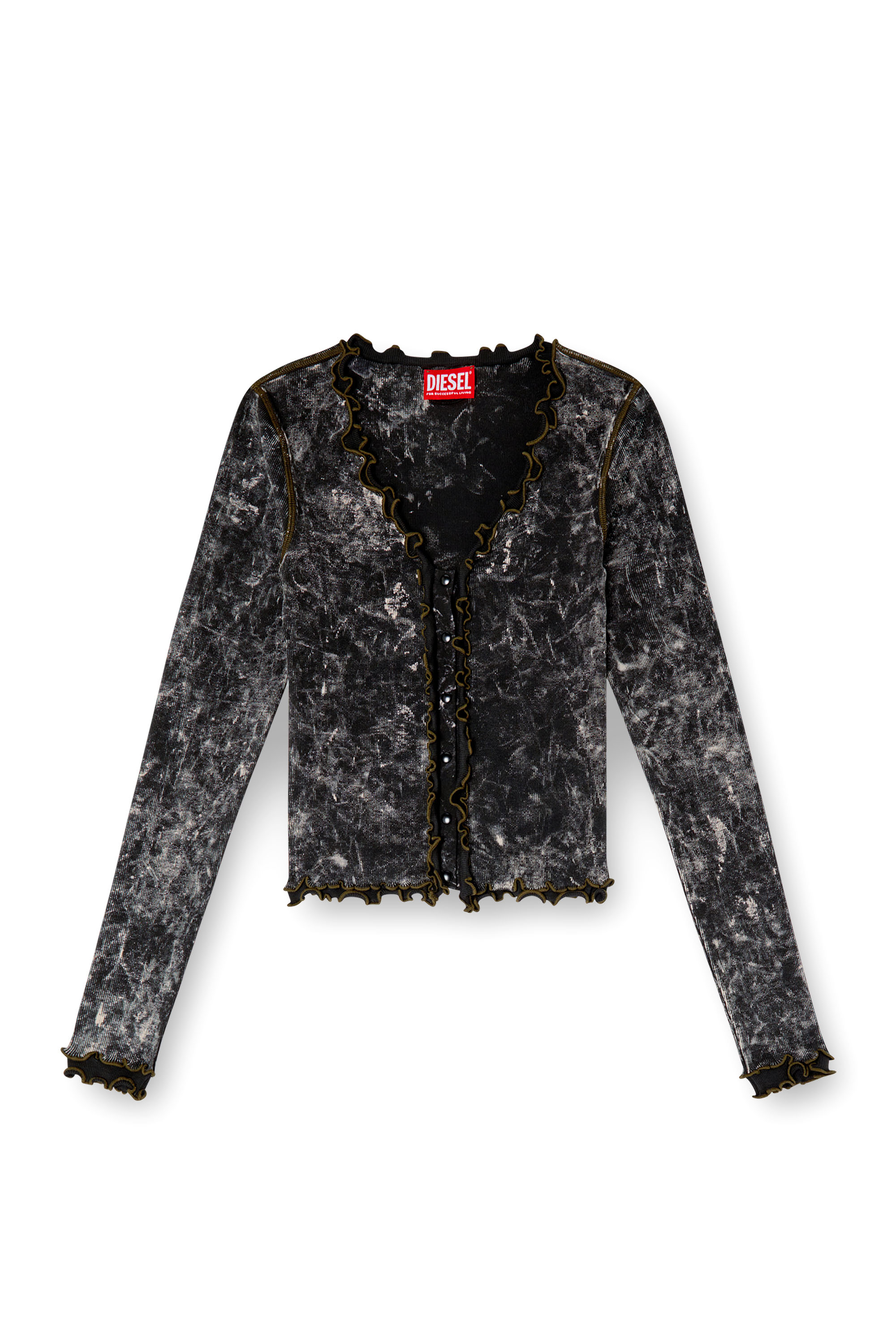 Diesel - T-FLUX, Top abbottonato effetto marble con balze Donna in Nero - 3