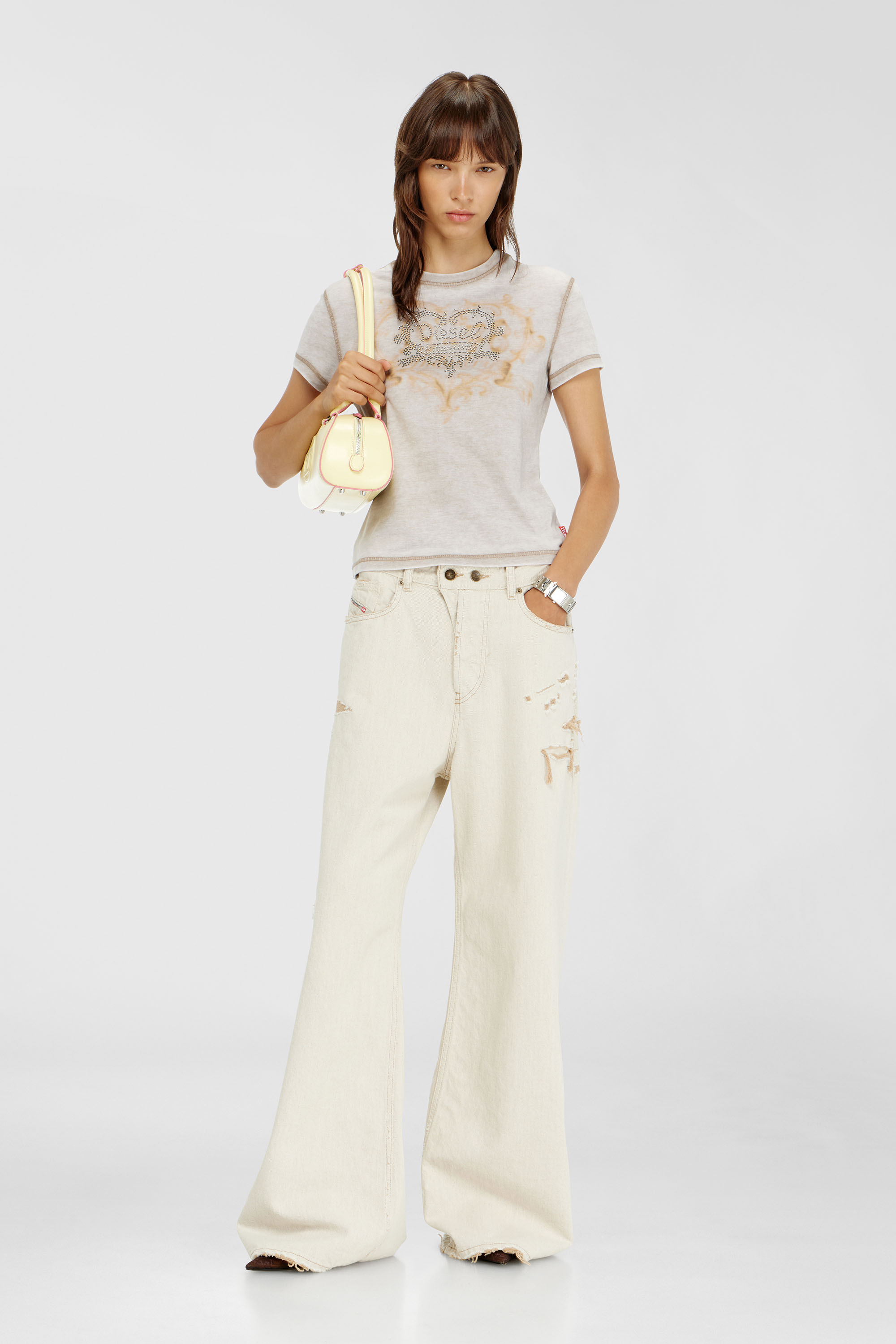Diesel - T-ILA-AA1, T-shirt in jersey con strass ed effetto burnout Donna in Grigio - 2