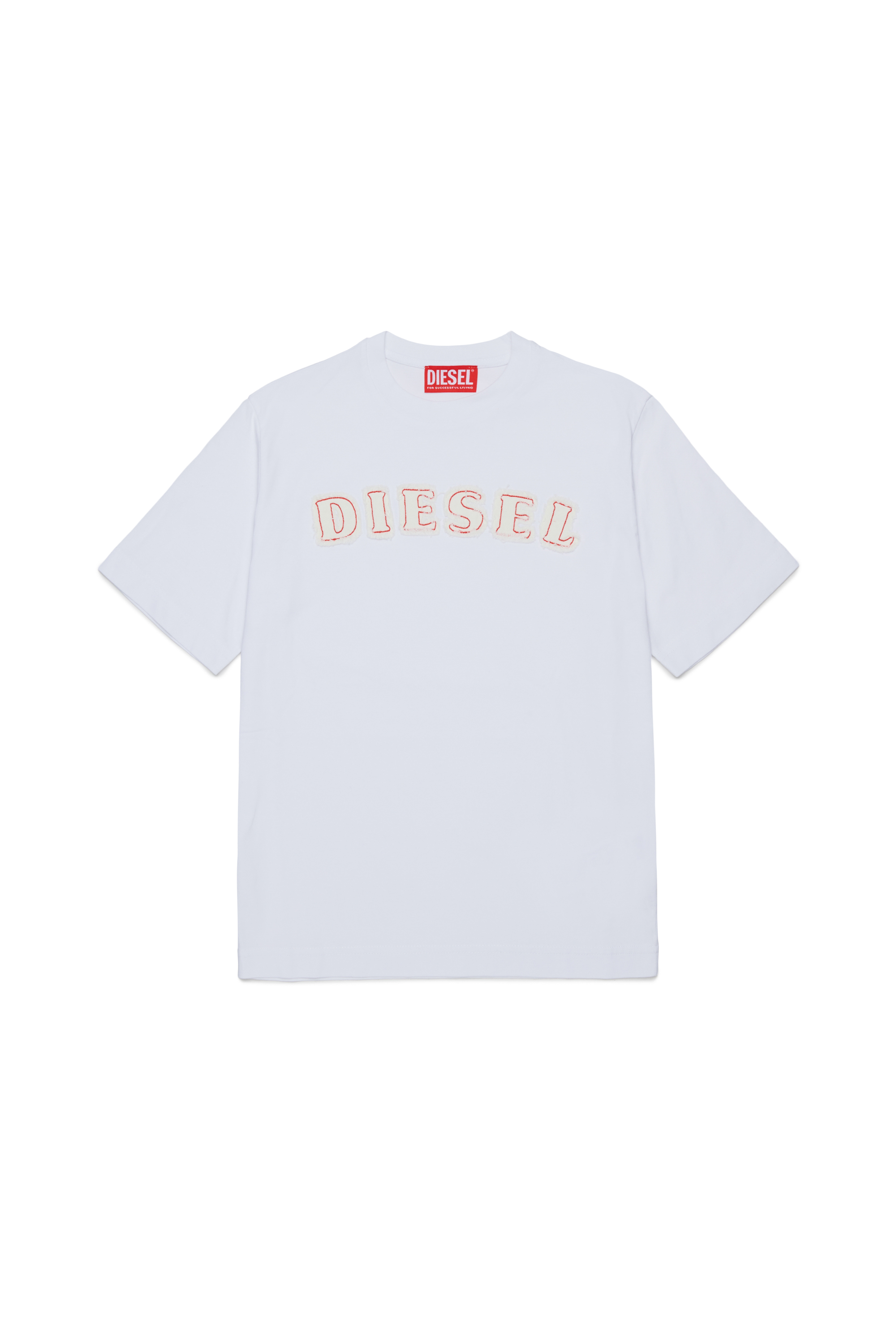 Diesel - TJEANS OVER, T-shirt in cotone con logo effetto sfrangiato Uomo in Bianco - 1