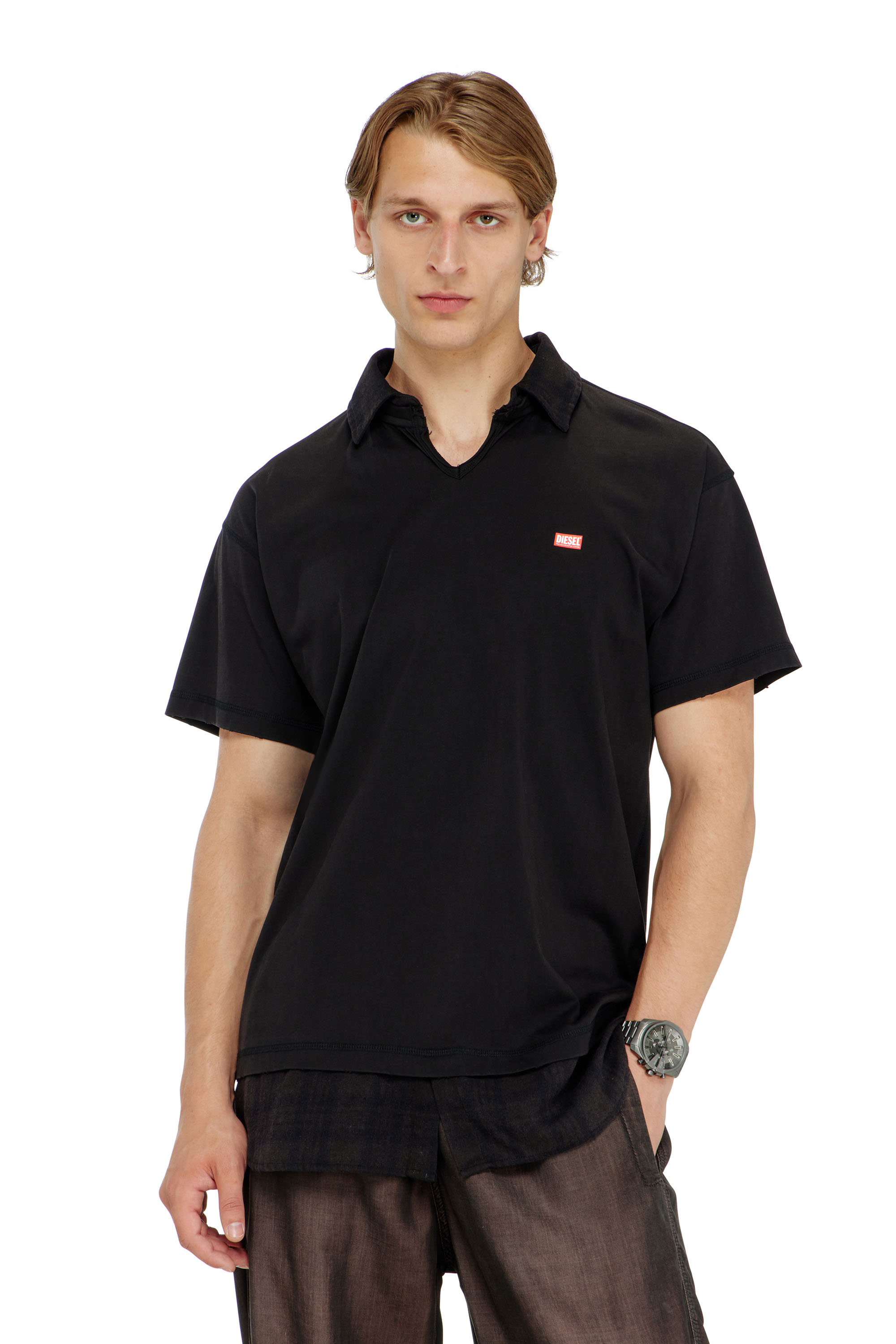 Diesel - T-ANSEL, Man's Jersey polo shirt with check flannel trims in Black - 1