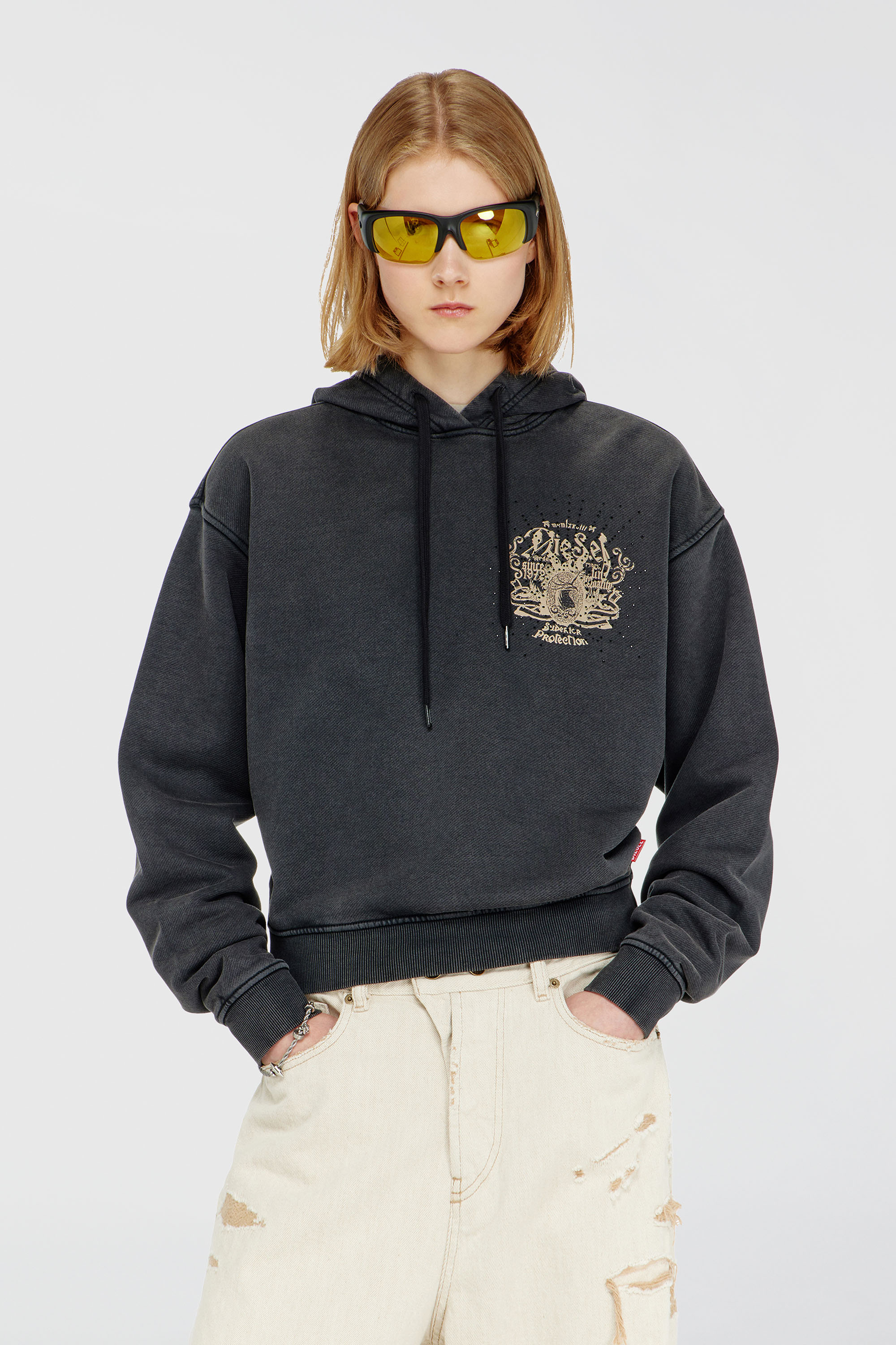 Diesel - F-PHOENY, Woman's Hoodie with prints and rhinestone studs in Black - 1